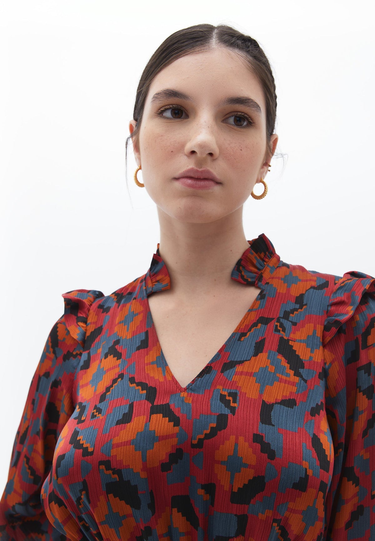 Long V Neck Ruffled Dress - GEO PRINT