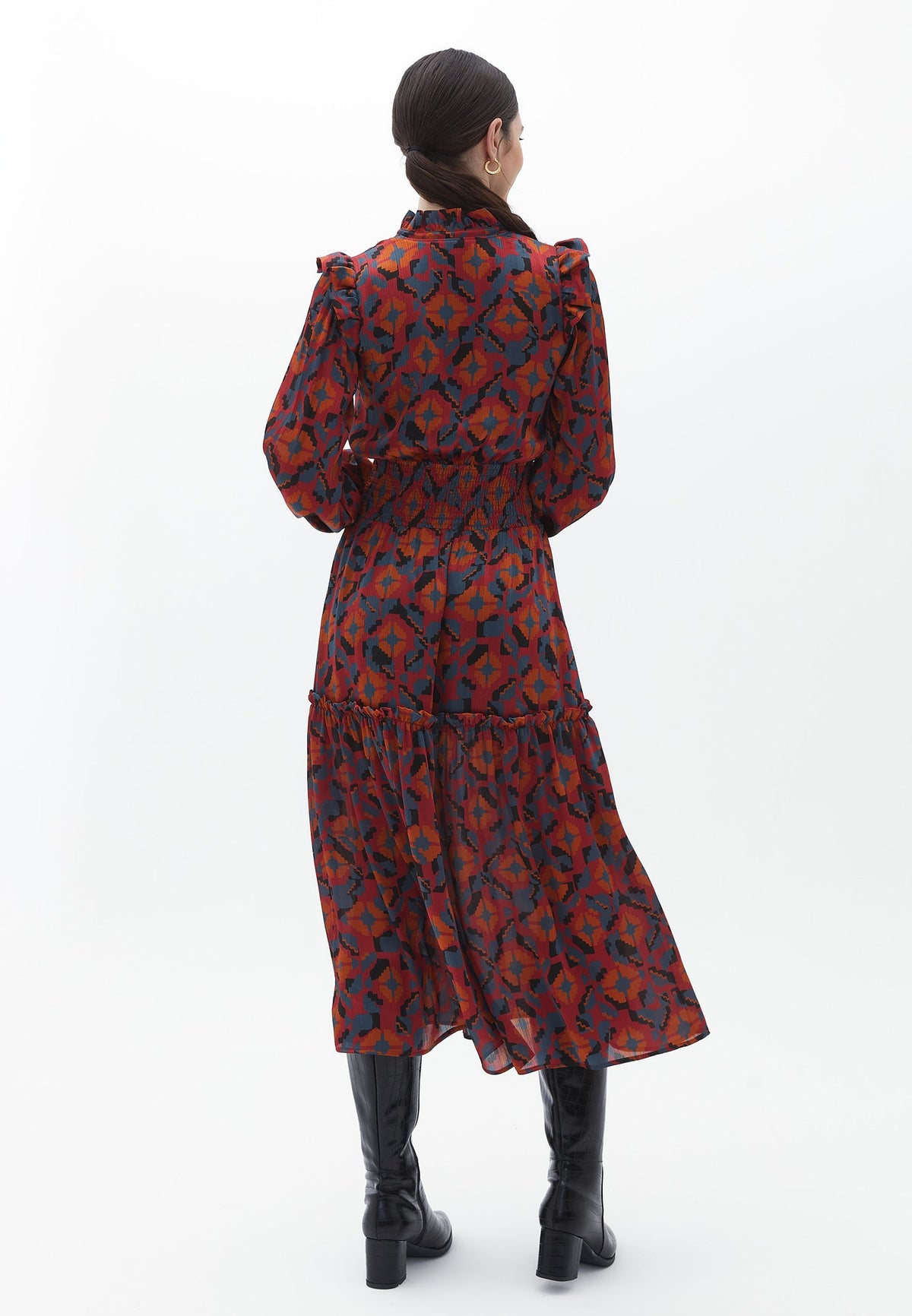 Long V Neck Ruffled Dress - GEO PRINT