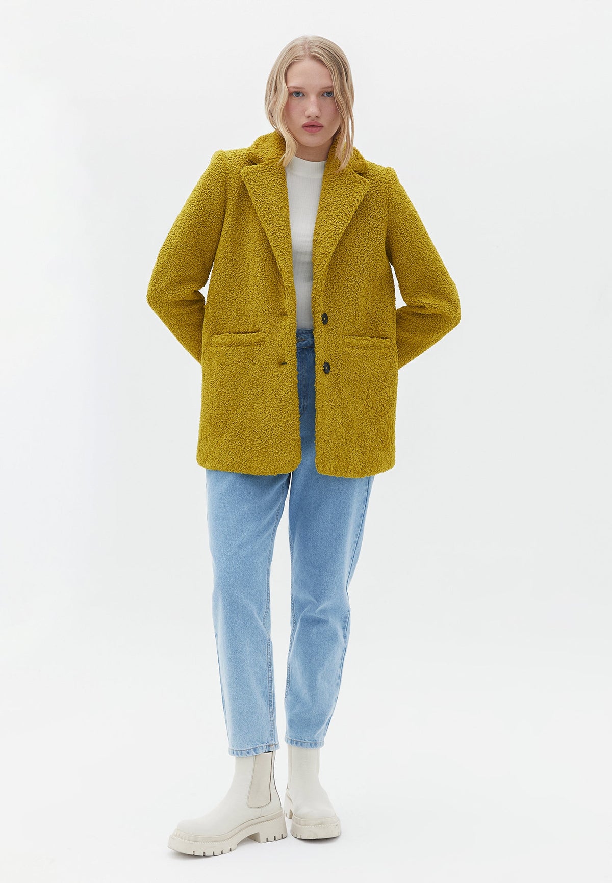 Boucle Fabric Buttoned Oversize Blazer Jacket - GOLDEN OLIVE