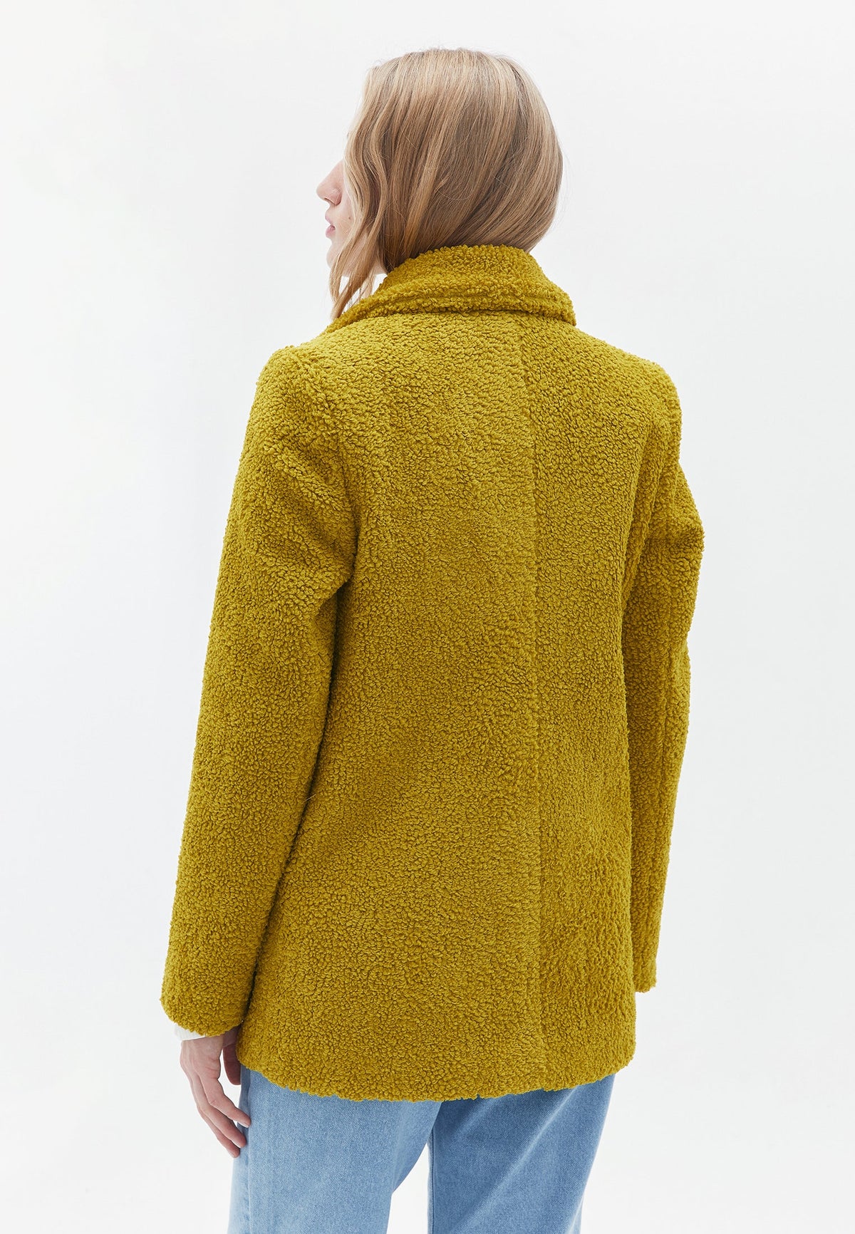 Boucle Fabric Buttoned Oversize Blazer Jacket - GOLDEN OLIVE