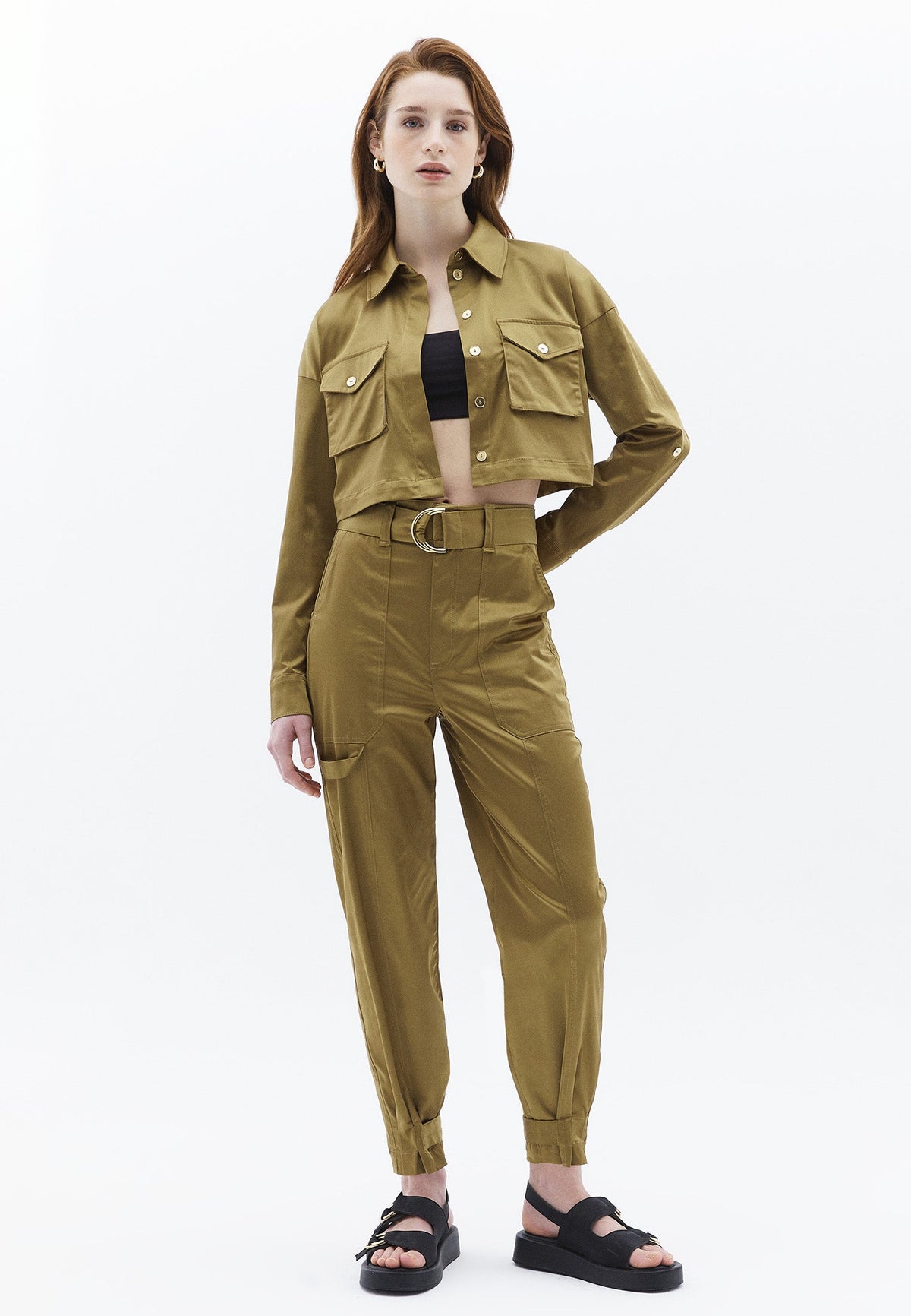Cropped Shirt With Pocket Detail And Loose Fit - GOTHIC OLIVE