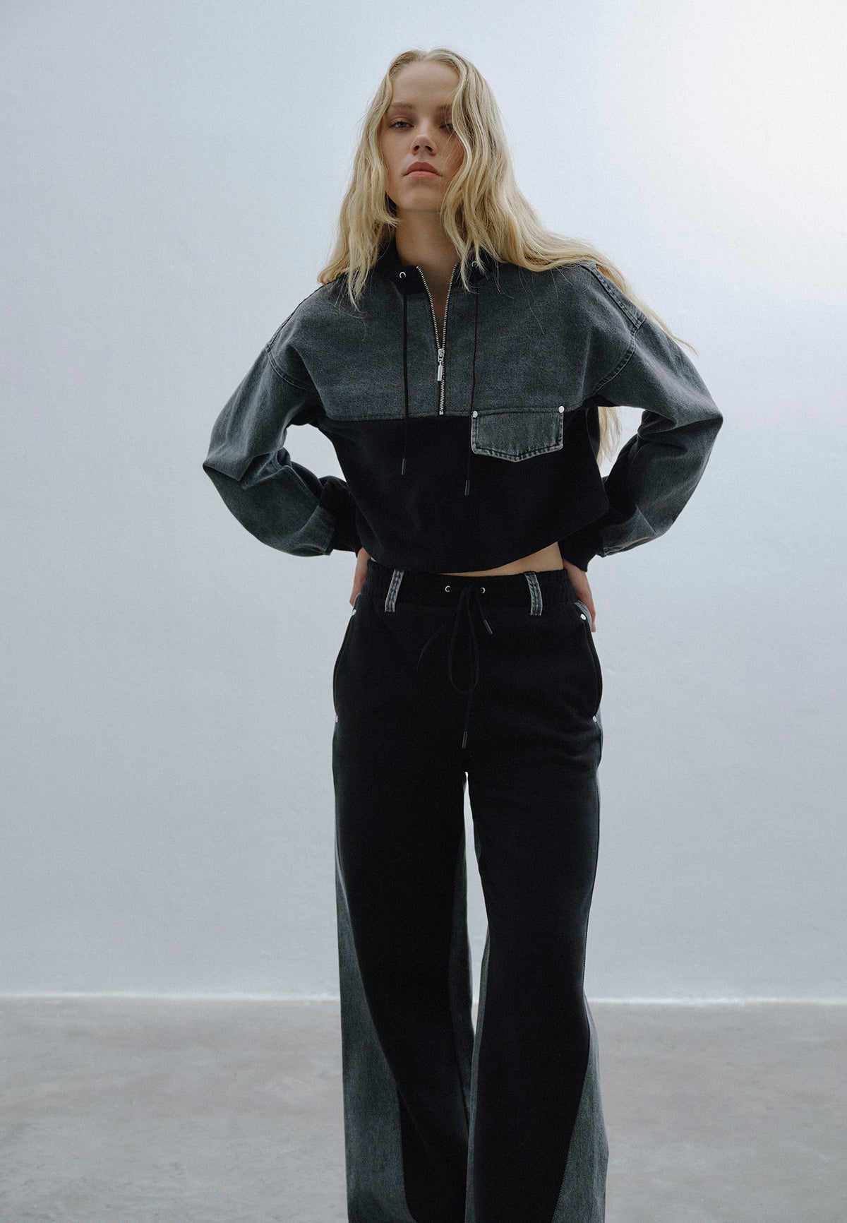 Asymmetric Oversize Cropped Sweatshirt - GREY DENIM