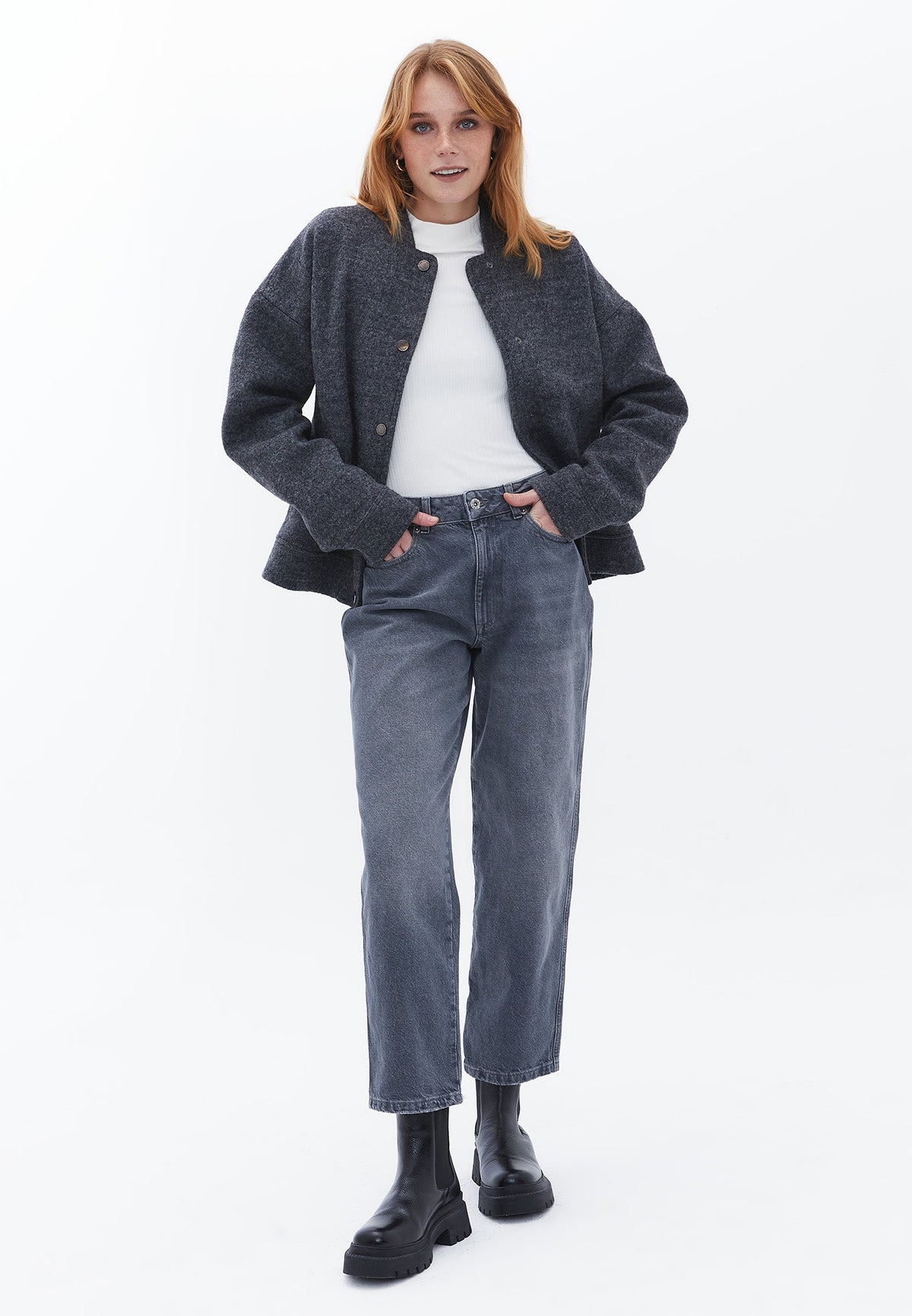 Straight Leg High Waist Pants - GREY DENIM