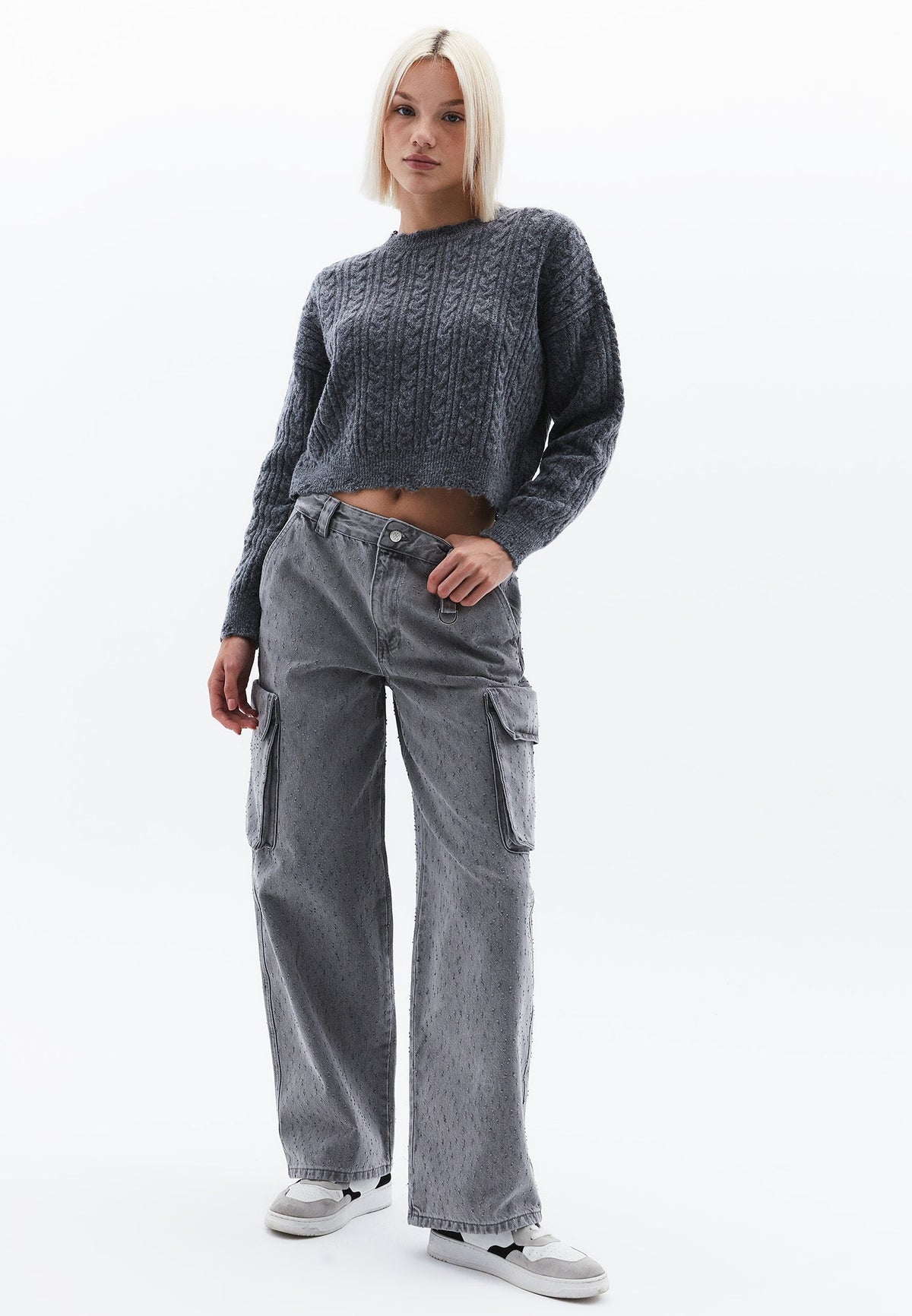 Skater Low Waist Wide Leg Pants - GREY DENIM