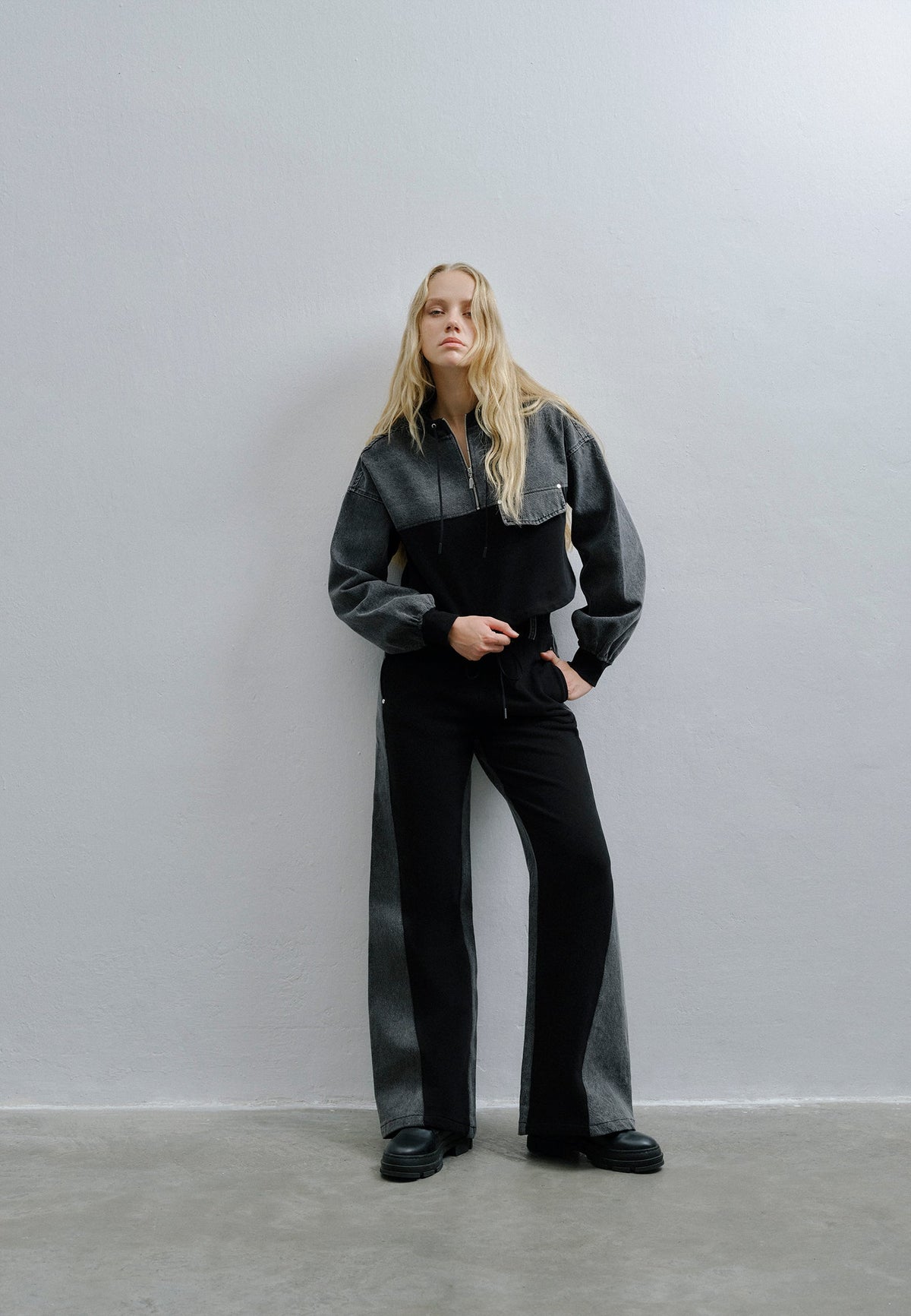 Asymmetric Oversize Cropped Sweatshirt - GREY DENIM