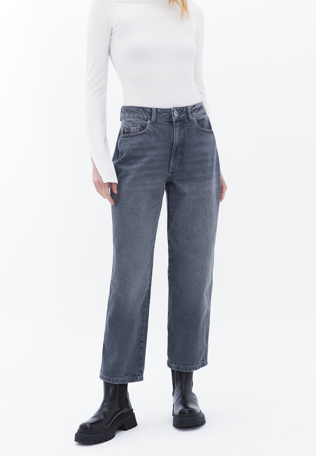 Straight Leg High Waist Pants - GREY DENIM