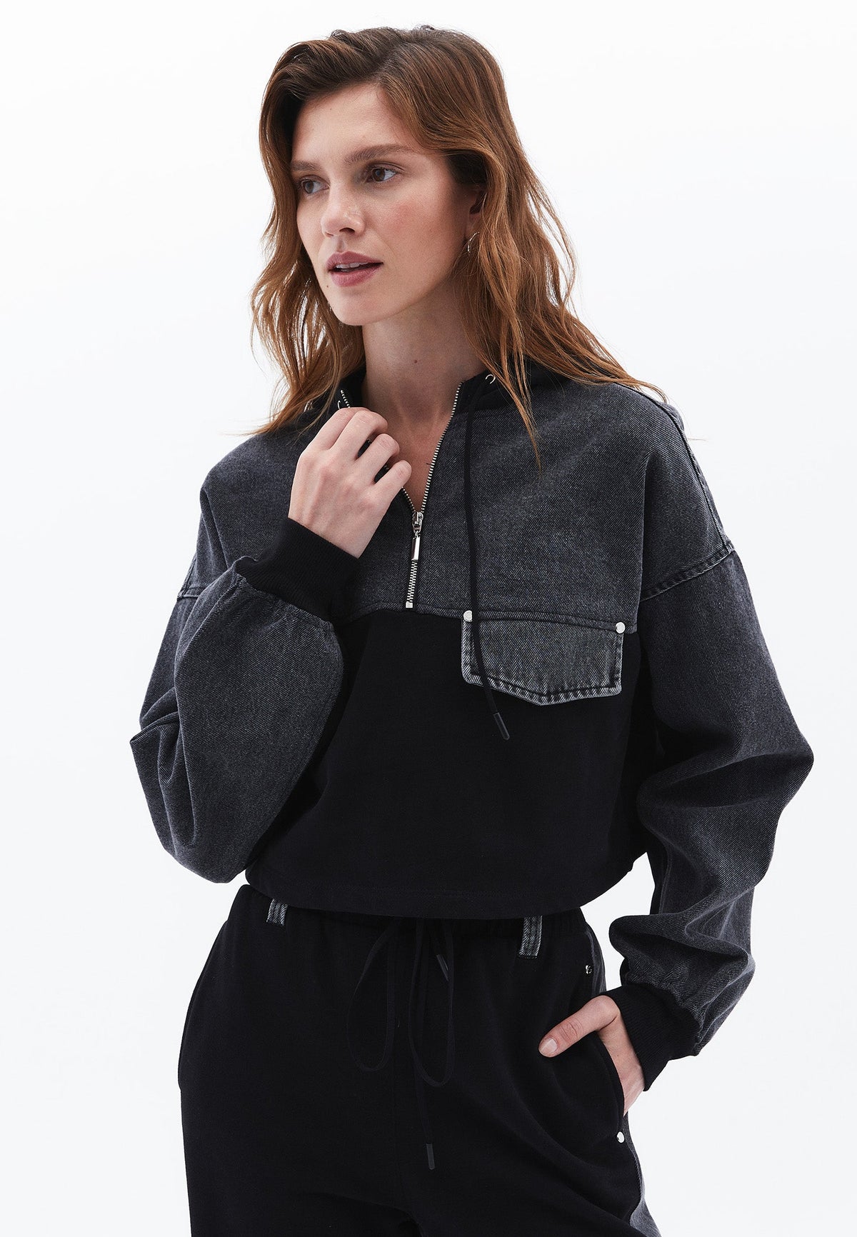 Asymmetric Oversize Cropped Sweatshirt - GREY DENIM