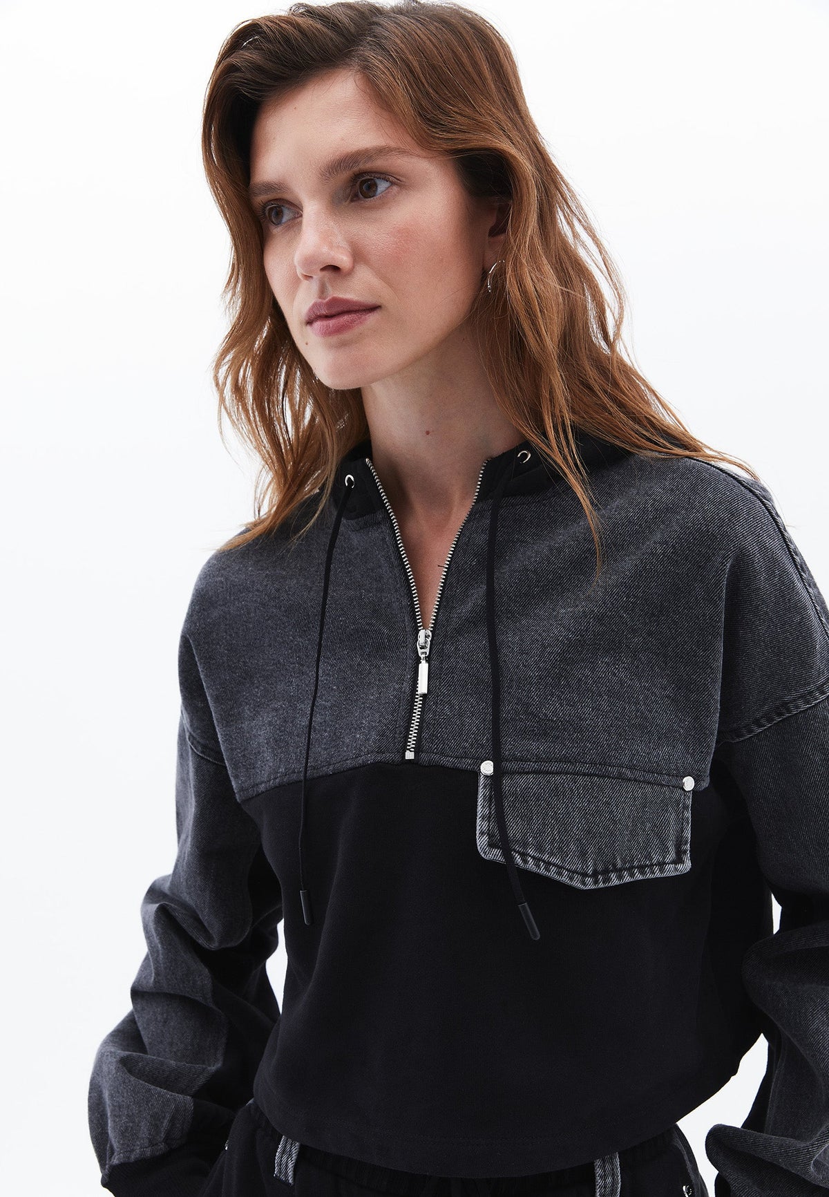 Asymmetric Oversize Cropped Sweatshirt - GREY DENIM