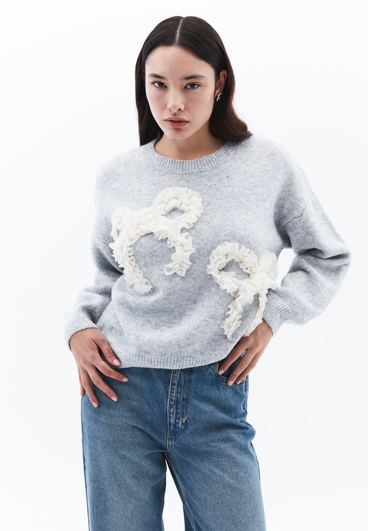 Sweater With Bow Detail And Crew Neck - GREY MELANGE