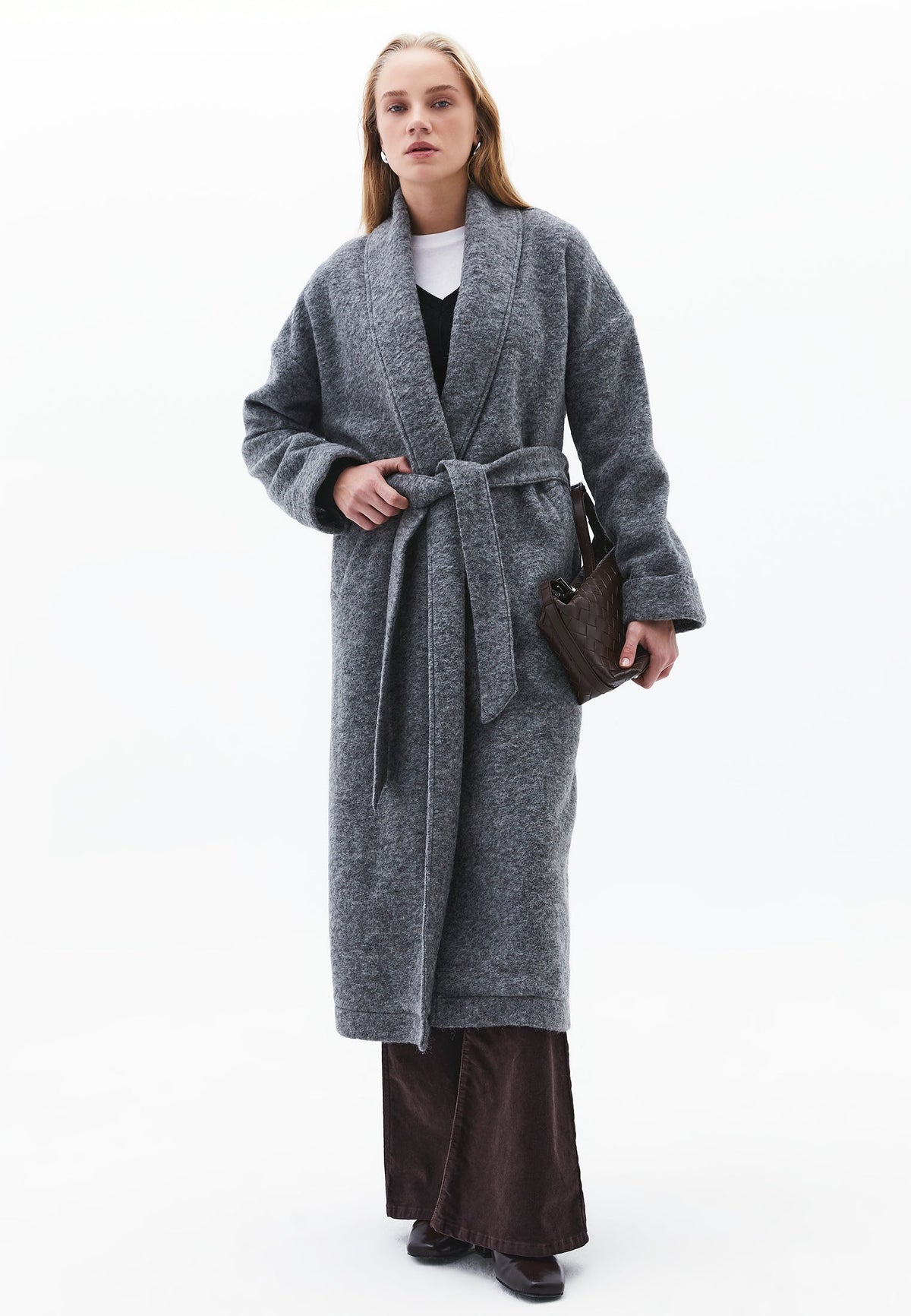 Long Coat With Shawl Collar And Belt Detail - GREY MELANGE