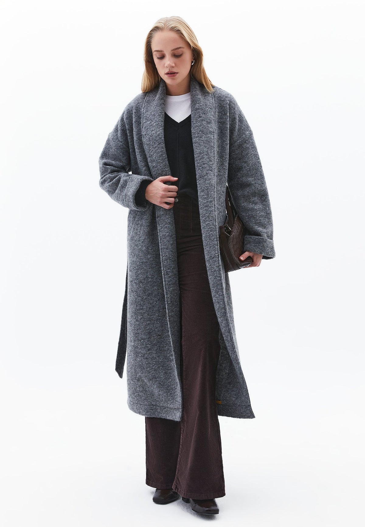 Long Coat With Shawl Collar And Belt Detail - GREY MELANGE