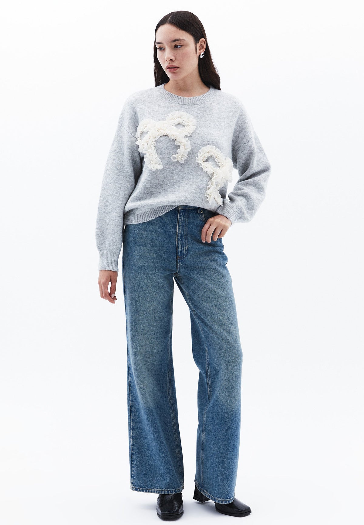 Sweater With Bow Detail And Crew Neck - GREY MELANGE