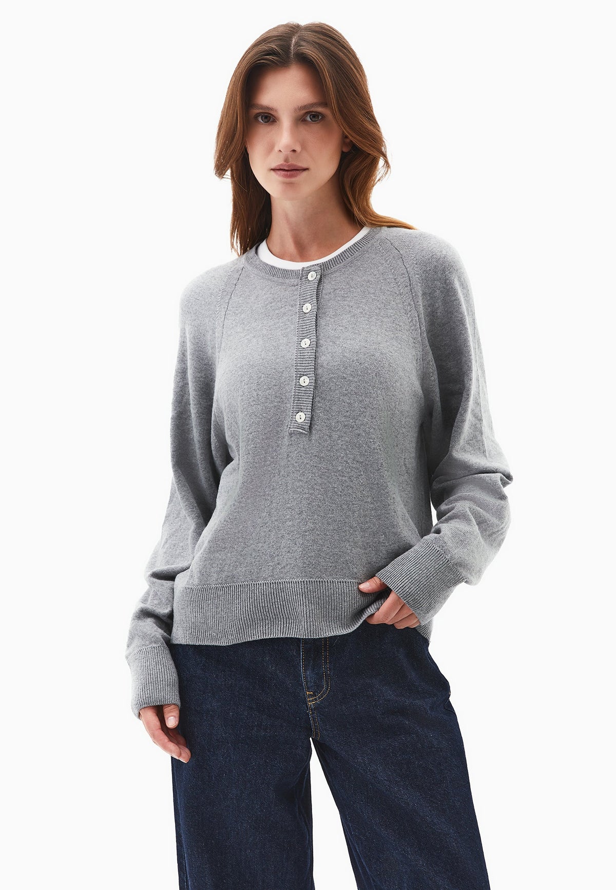V Neck Raglan Sleeve Knit Sweater - GREY MELANGE