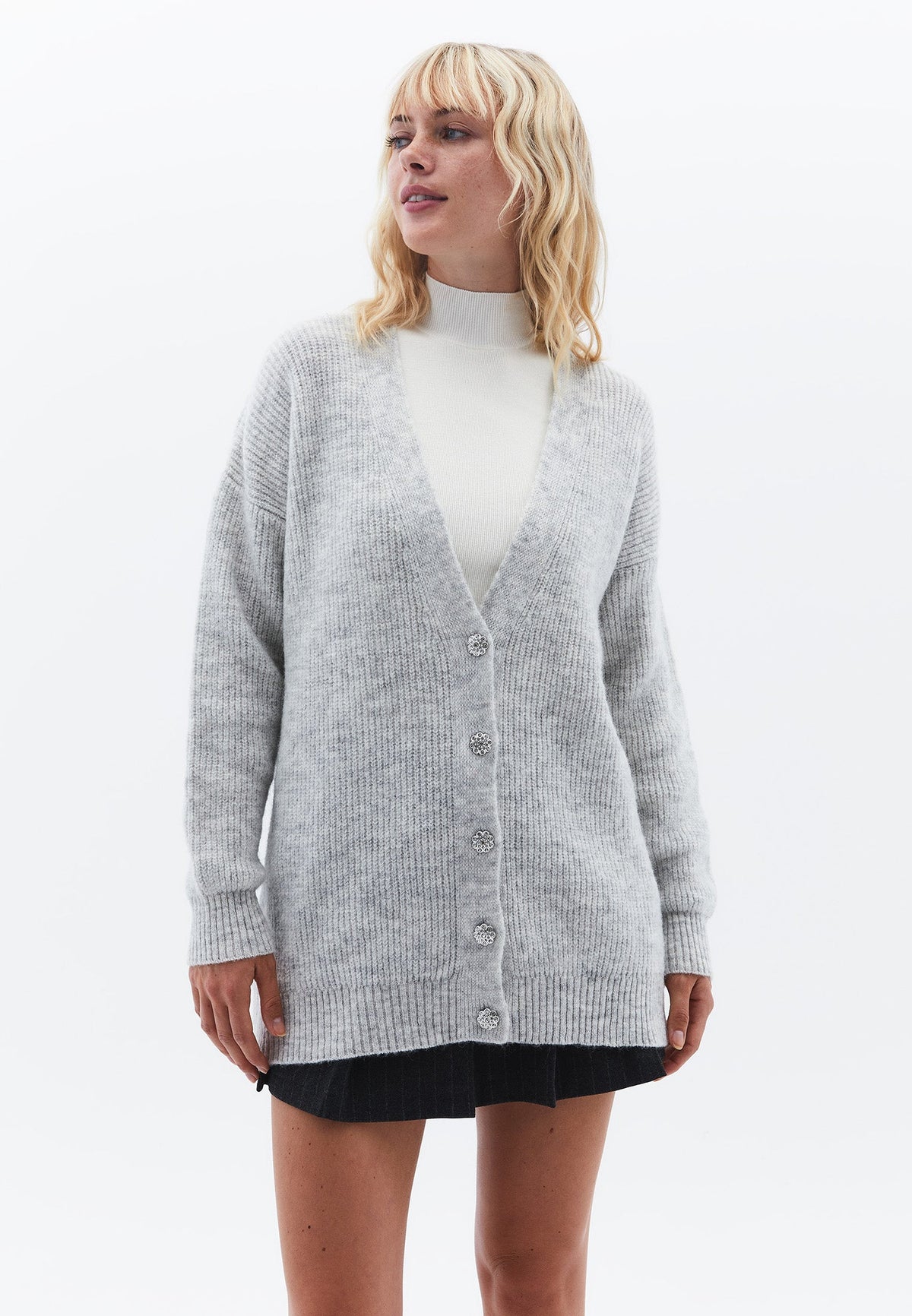 Deep V-Neck Cardigan With Button Details - GREY MELANGE