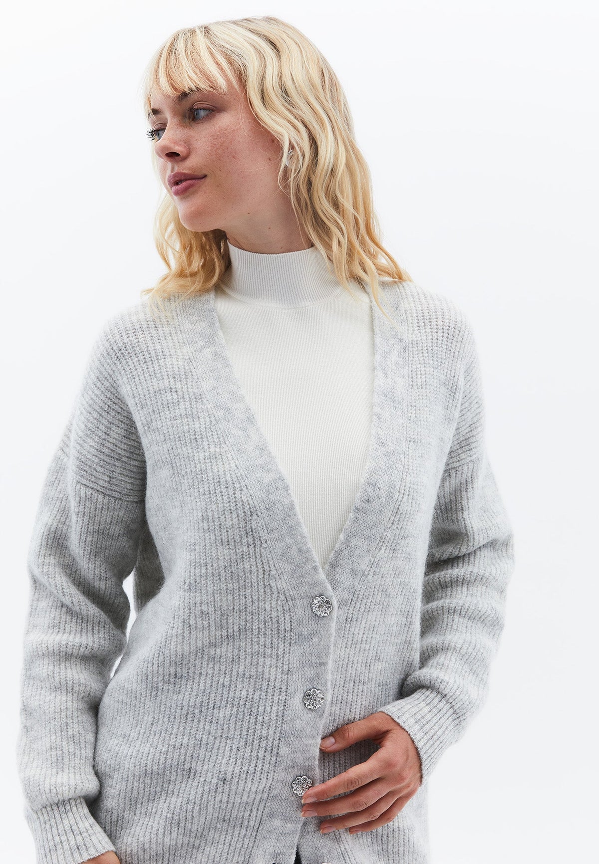 Deep V-Neck Cardigan With Button Details - GREY MELANGE