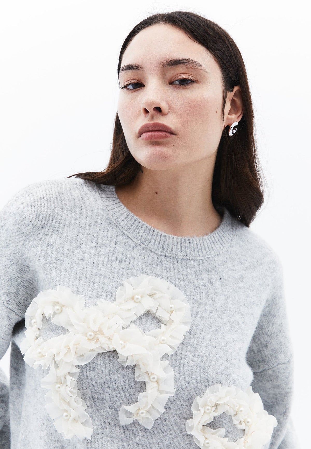Sweater With Bow Detail And Crew Neck - GREY MELANGE