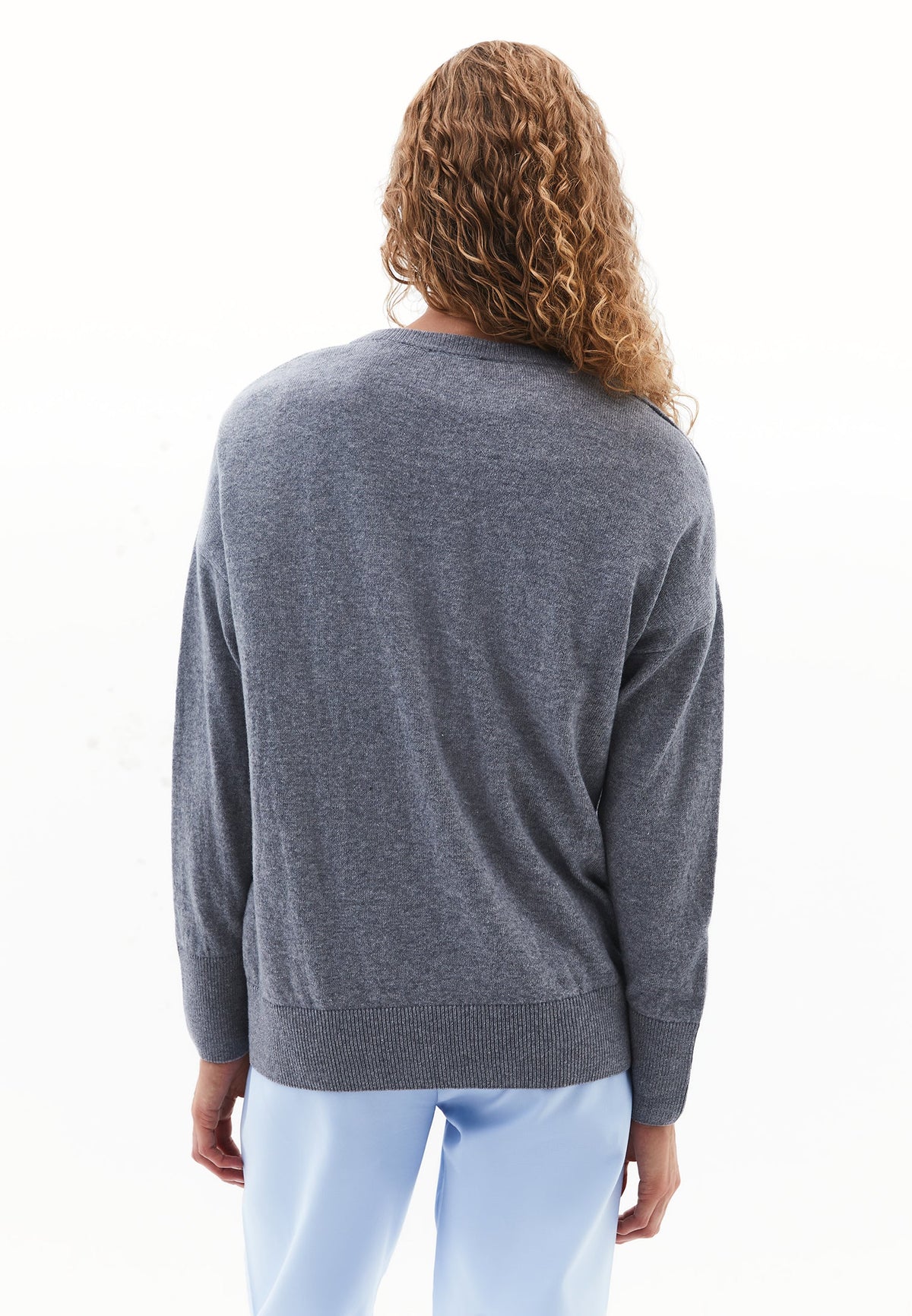 Long V-Neck Knit Sweater With Cashmere Blend - GREY MELANGE