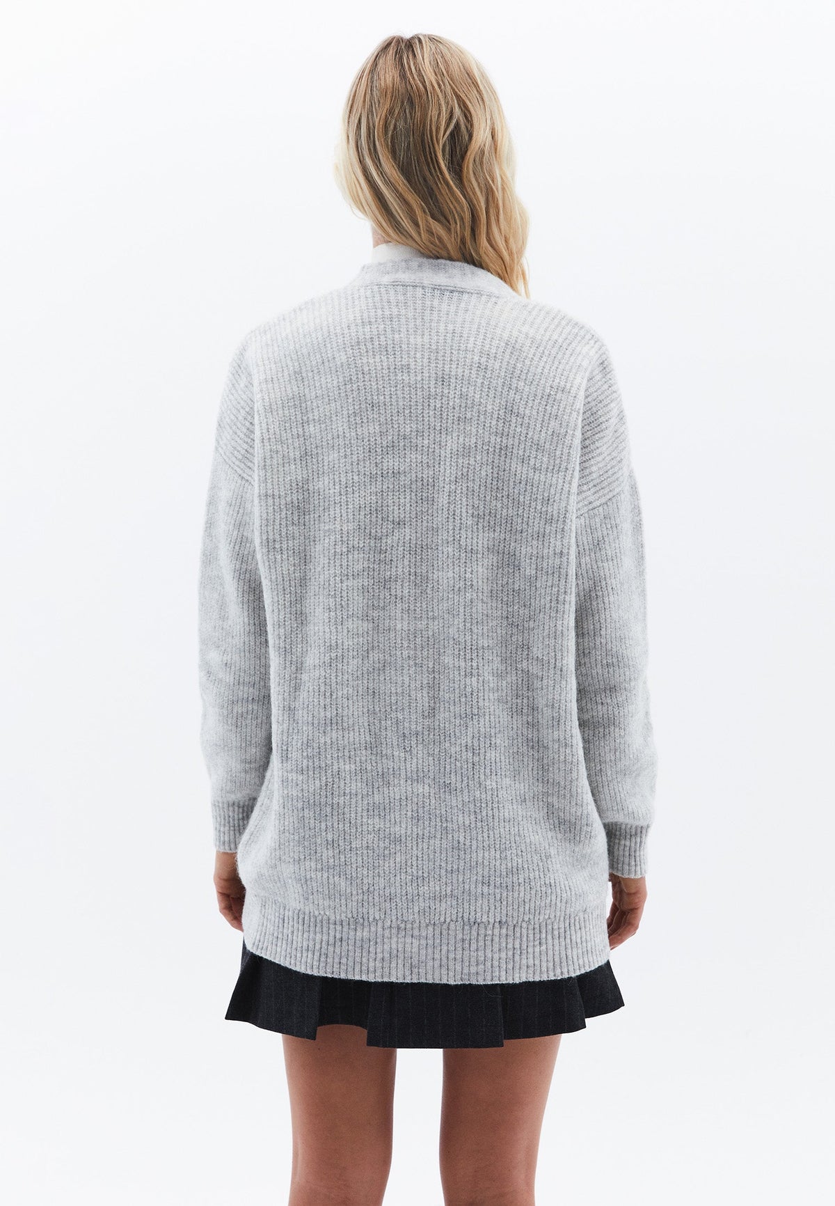 Deep V-Neck Cardigan With Button Details - GREY MELANGE