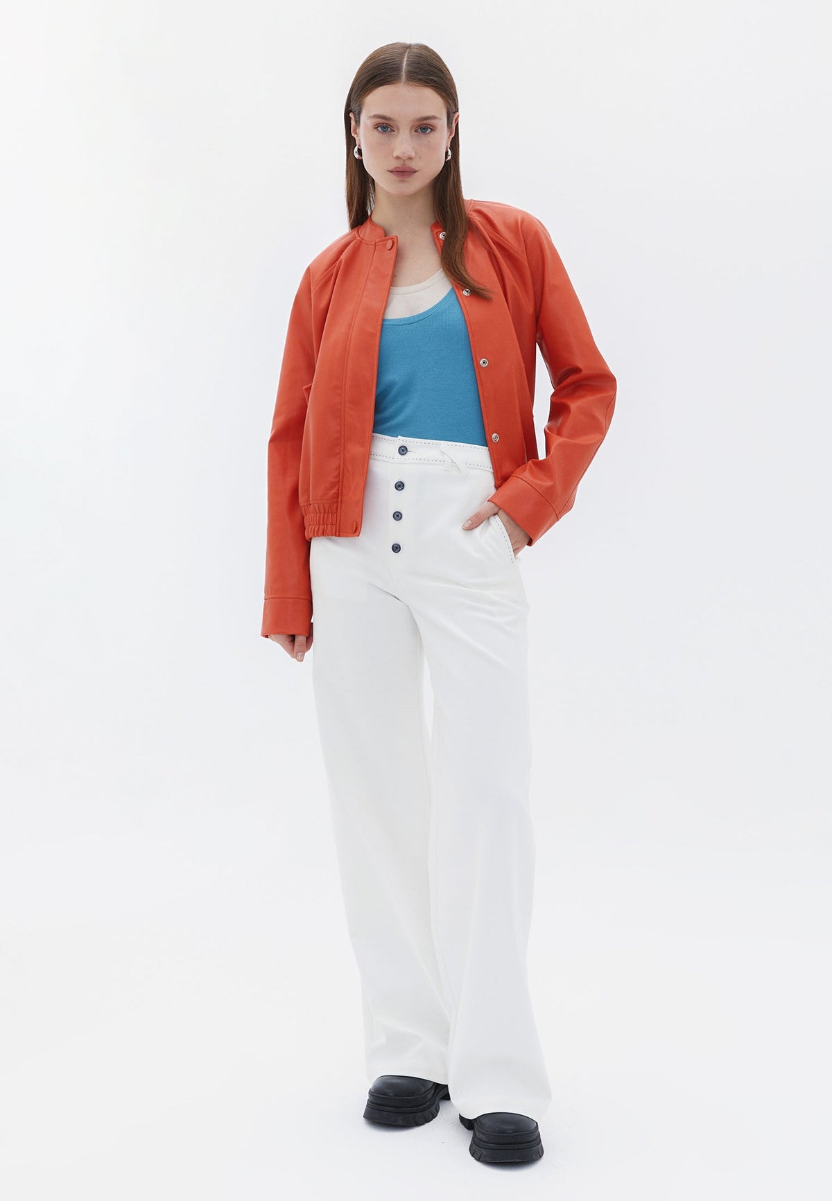Bomber Long Sleeve Leather Jacket - HARVEST PUMPKIN
