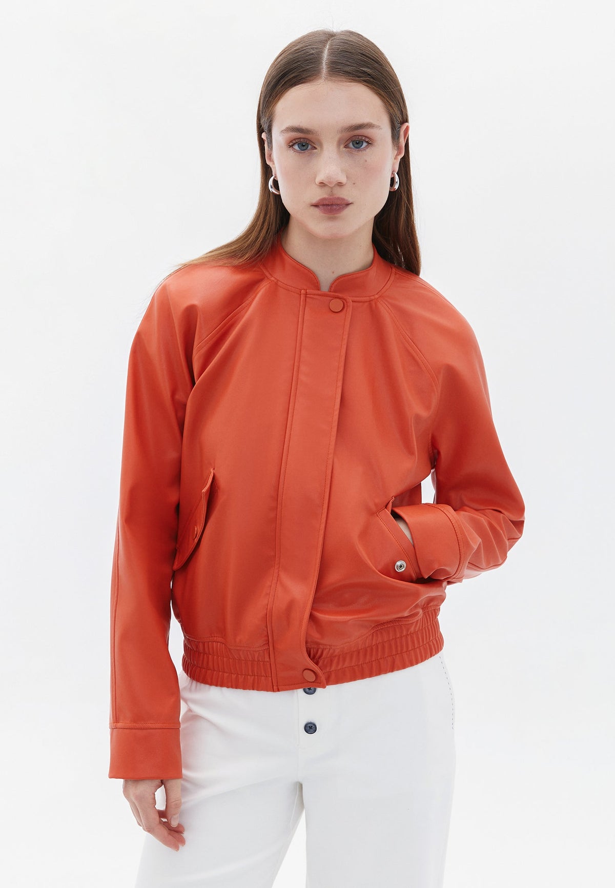 Bomber Long Sleeve Leather Jacket - HARVEST PUMPKIN
