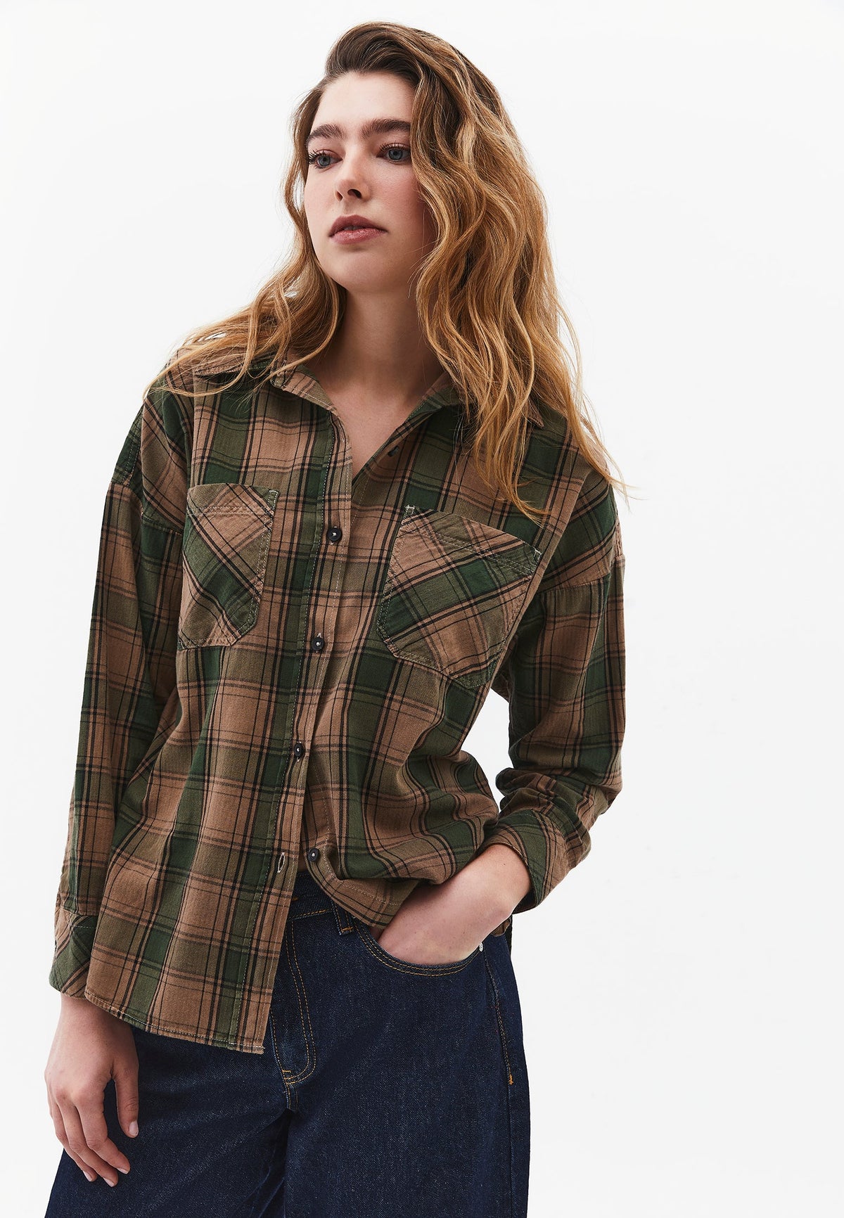 Oversized Buttoned Long Sleeve Shirt - HUNTER GREEN CHECK