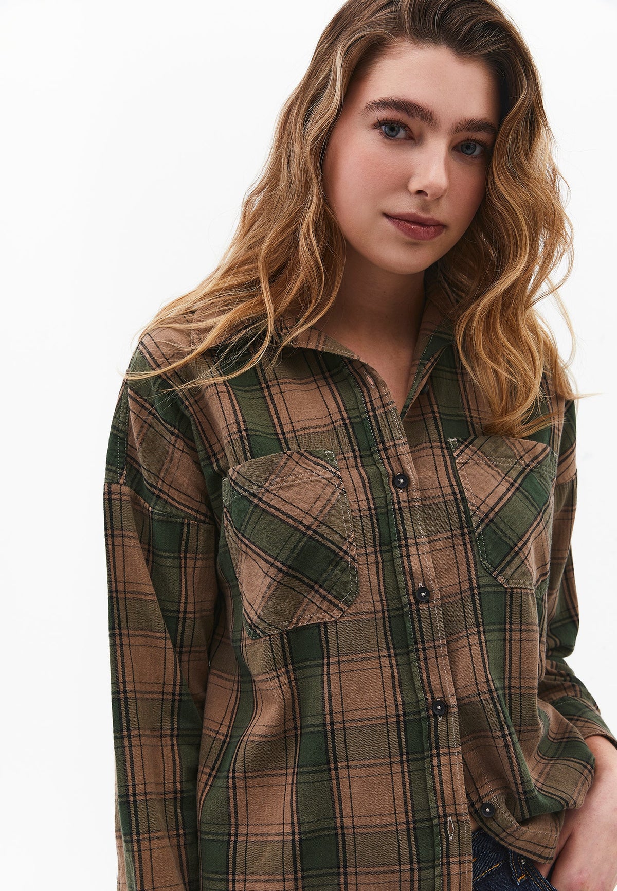 Oversized Buttoned Long Sleeve Shirt - HUNTER GREEN CHECK