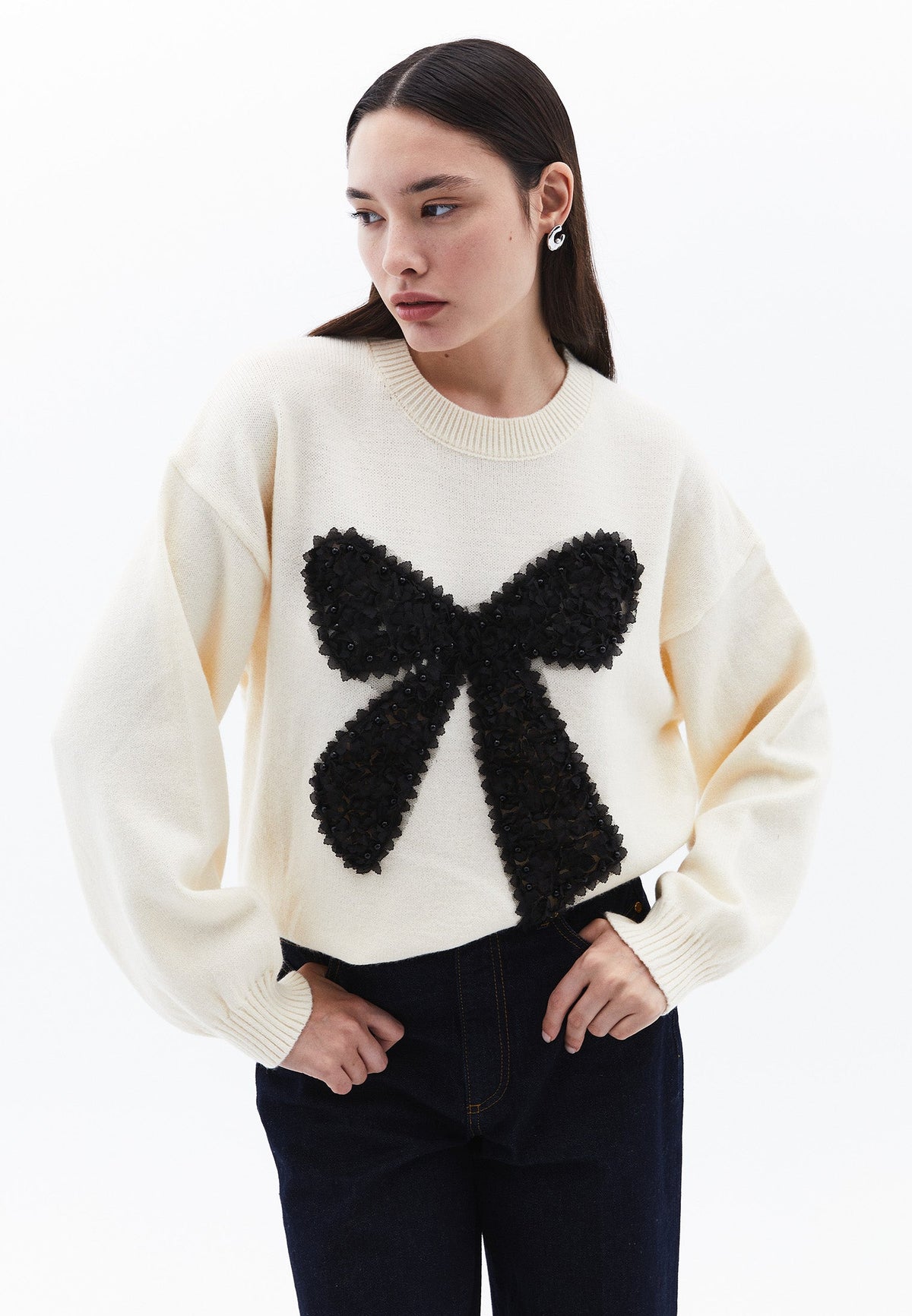 Stone Detailed Crew Neck Sweater - ICE MILK