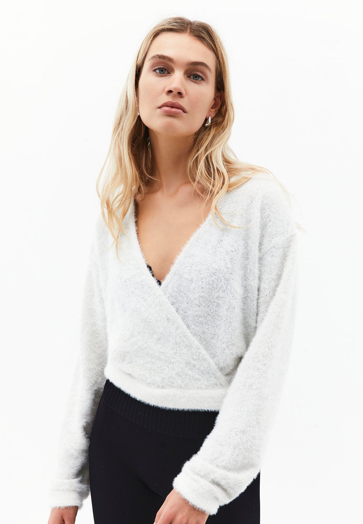 Wrap Neck Long Sleeve Knit Looking Sweater - ICE MILK