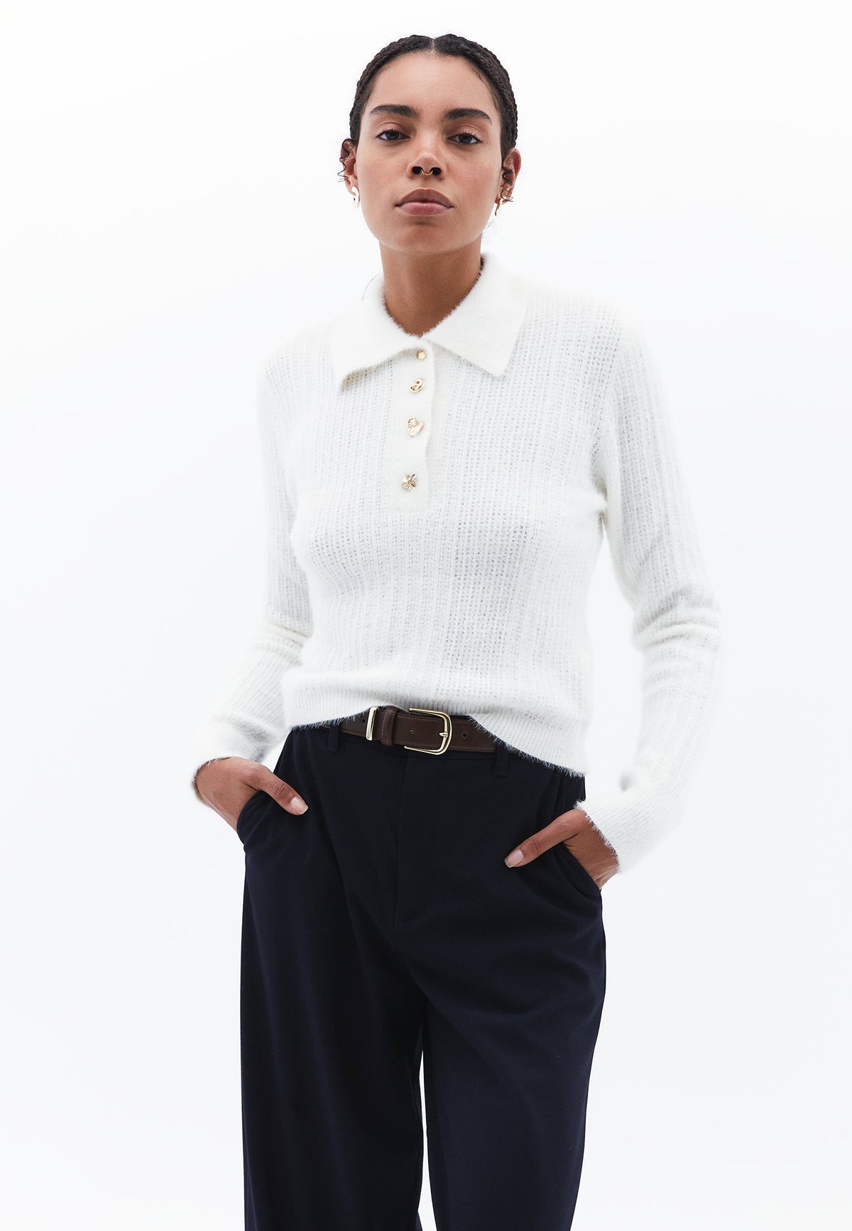 Sweater With Polo Collar And Knit Details - ICE MILK