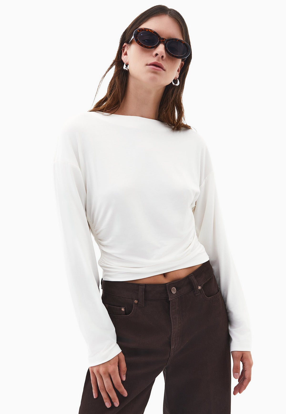 Boat Neck Long Sleeve T-Shirt - ICE MILK