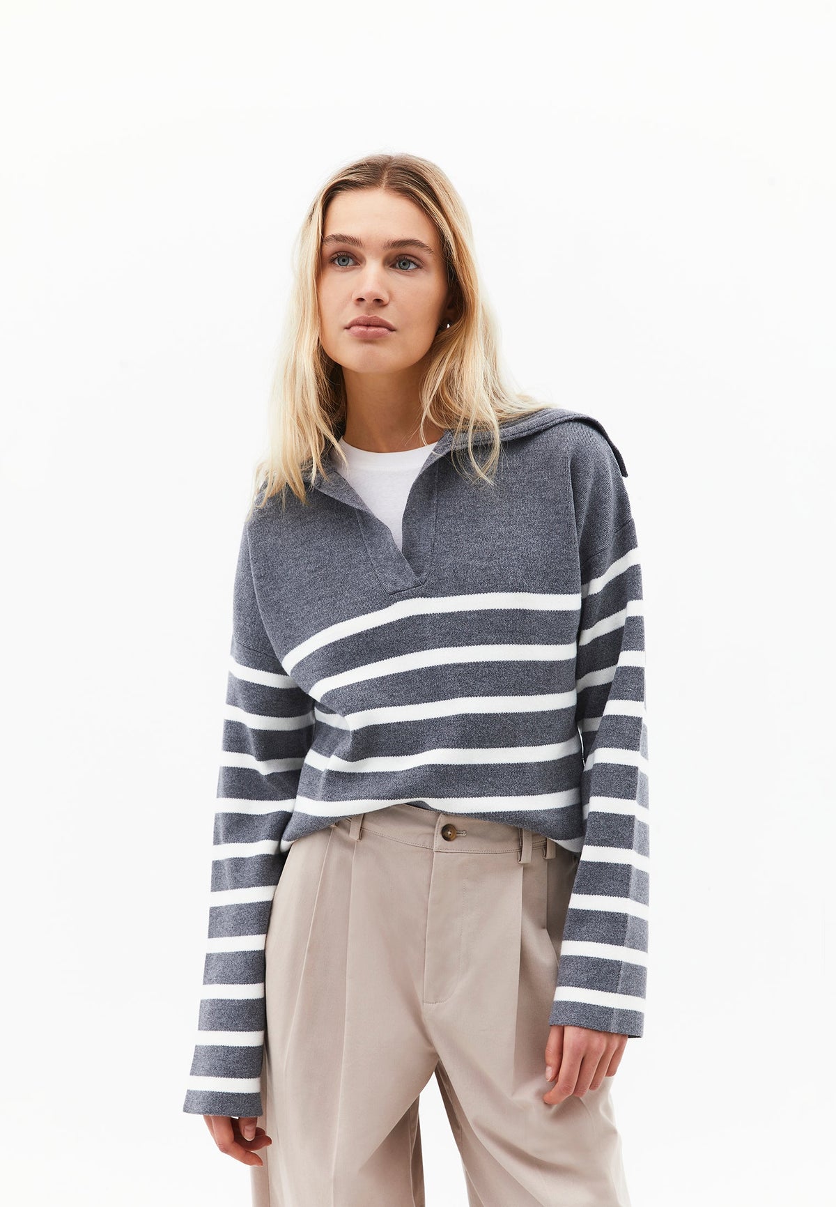 Striped Polo Collar Knit Sweater - BRUSHED NICKEL/ICE MILK
