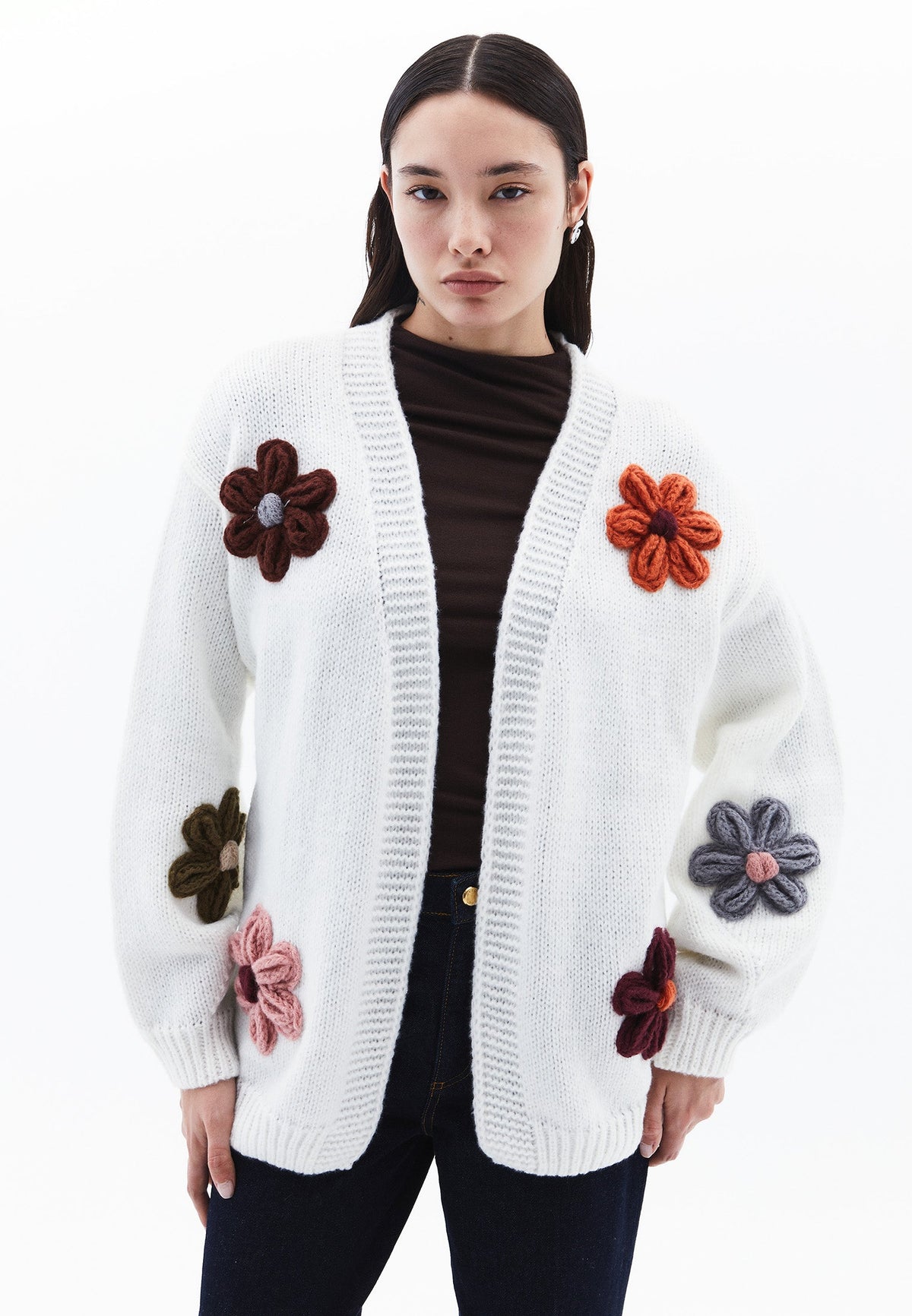 V Neck Oversize Knit Detailed Cardigan - ICE MILK