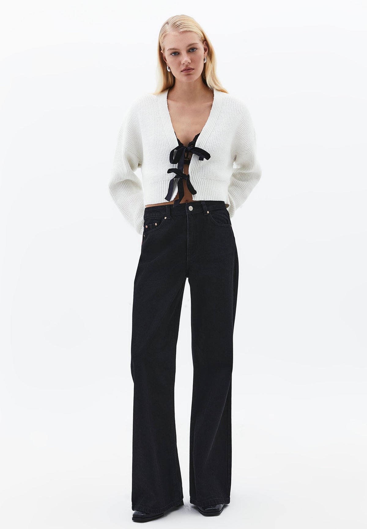 V Neck Long Sleeve Loose Cardigan - ICE MILK