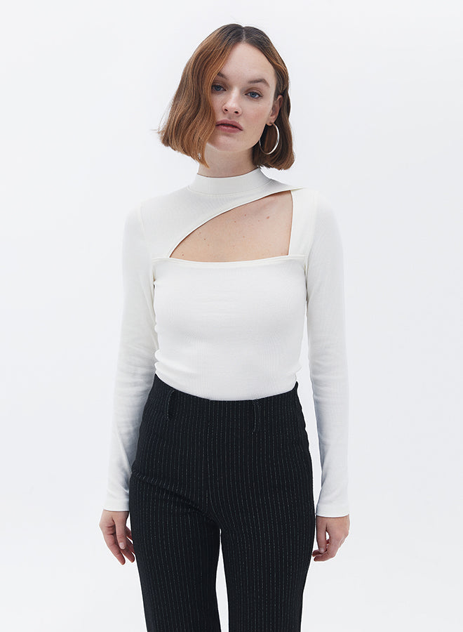 High Neck Long Sleeve Bodycon T-Shirt - ICE MILK