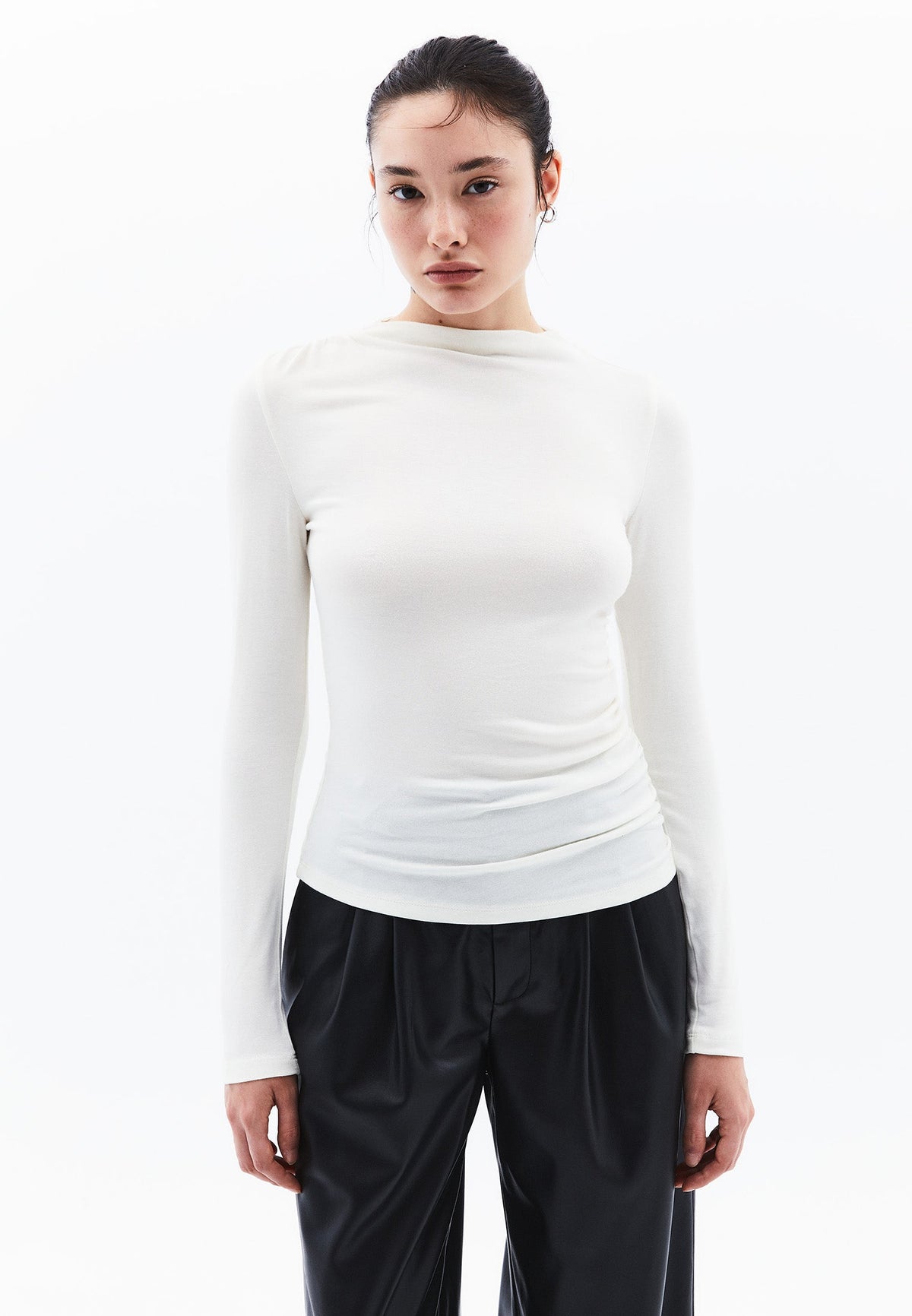 Ruched Long Sleeve High Neck Bodycon T-Shirt - ICE MILK