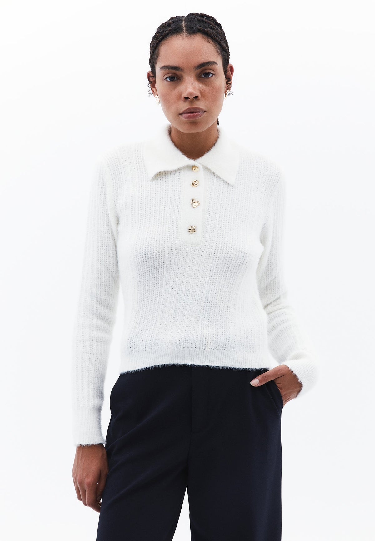 Sweater With Polo Collar And Knit Details - ICE MILK