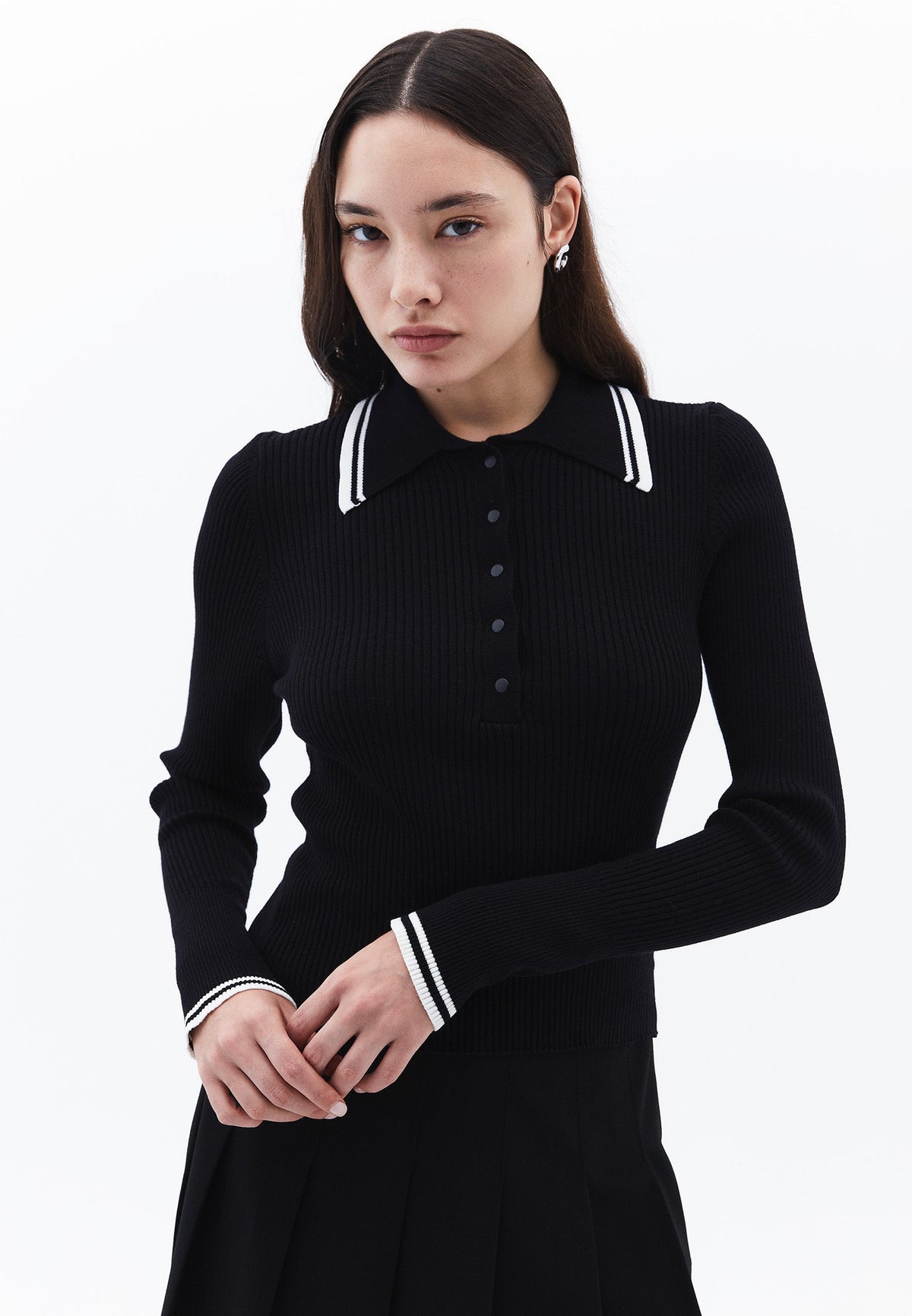 Polo Collar Raglan Sleeve Long Sleeve Sweater - BLACK/ICE MILK