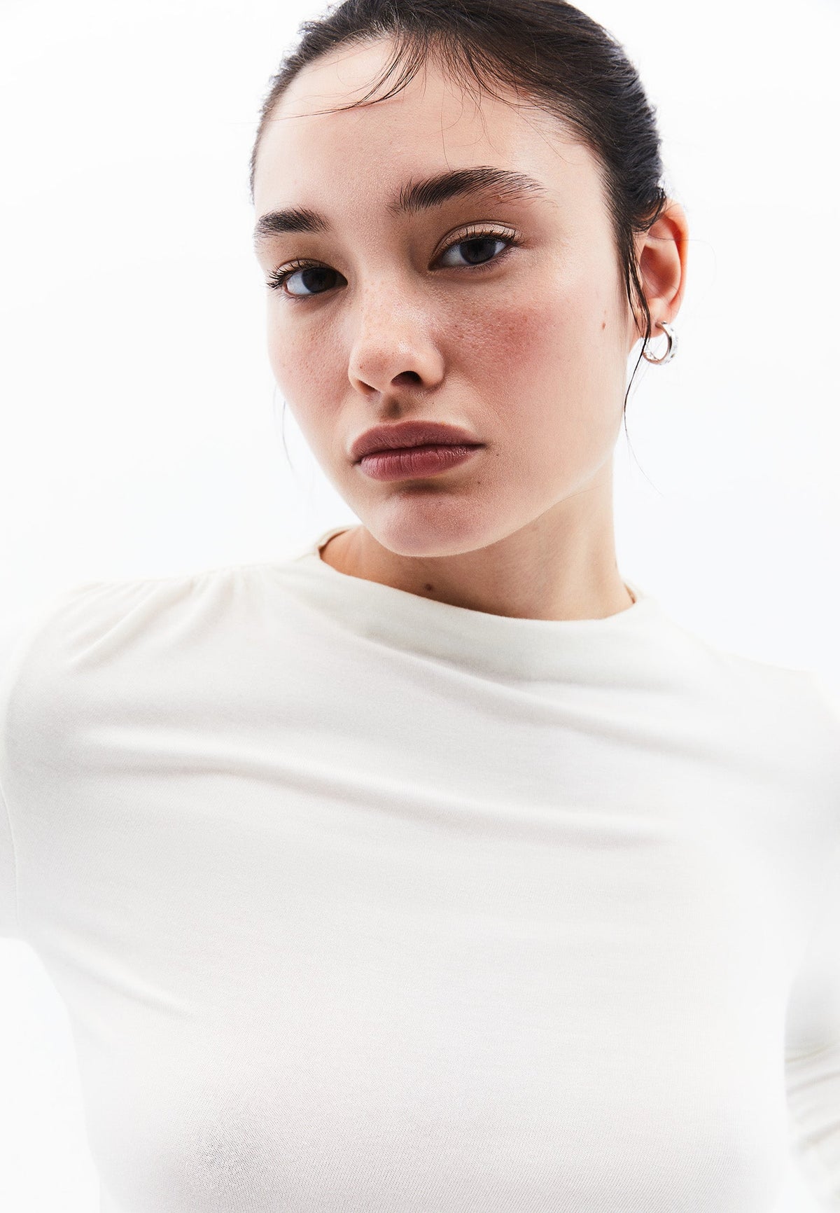 Ruched Long Sleeve High Neck Bodycon T-Shirt - ICE MILK