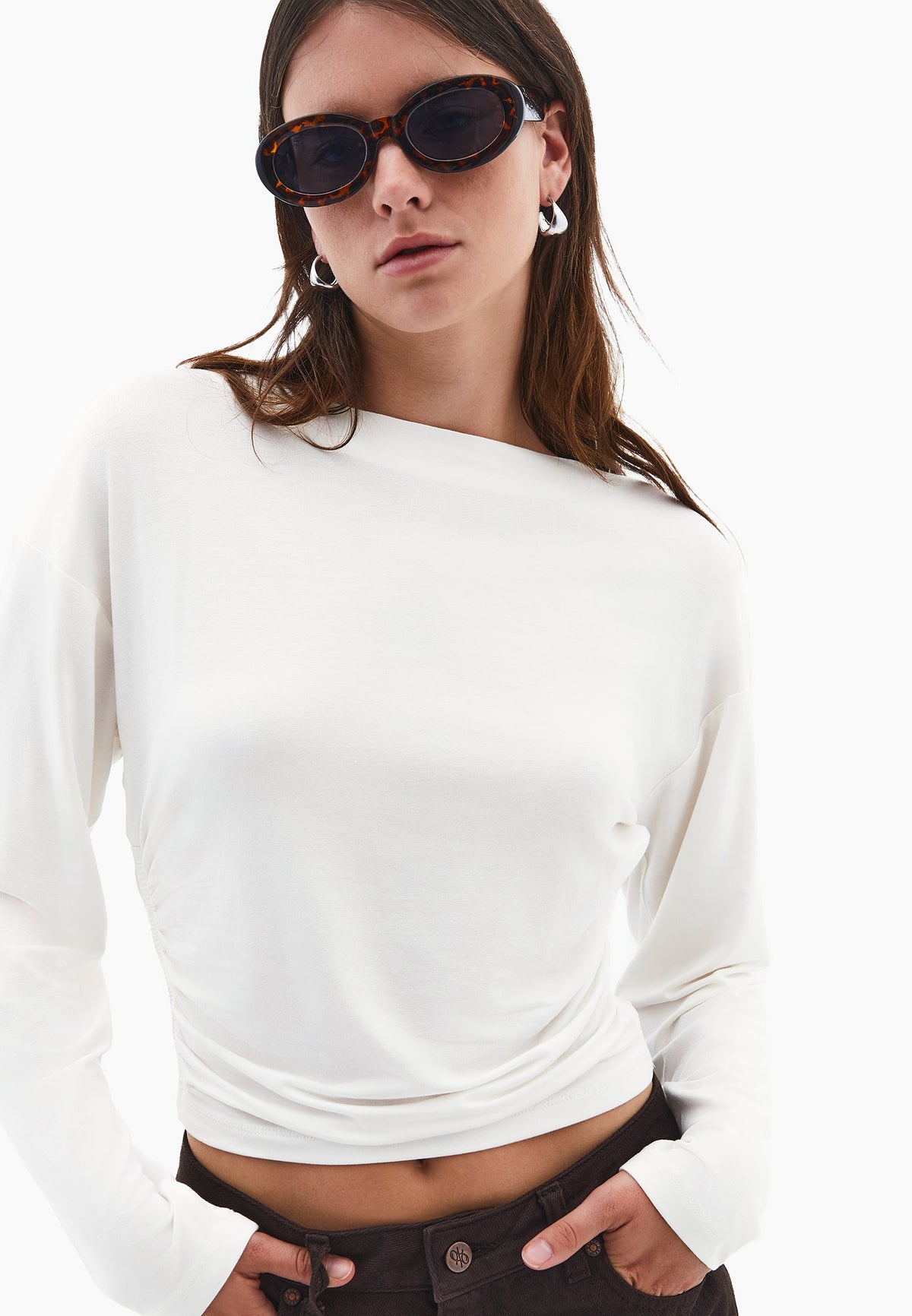 Boat Neck Long Sleeve T-Shirt - ICE MILK