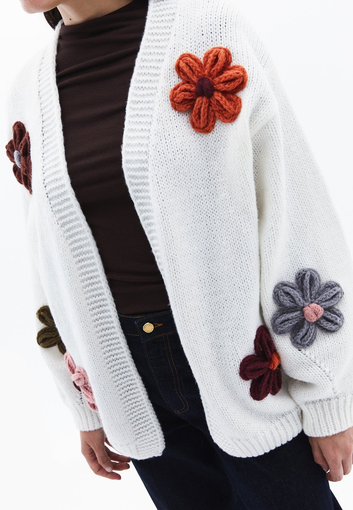 V Neck Oversize Knit Detailed Cardigan - ICE MILK