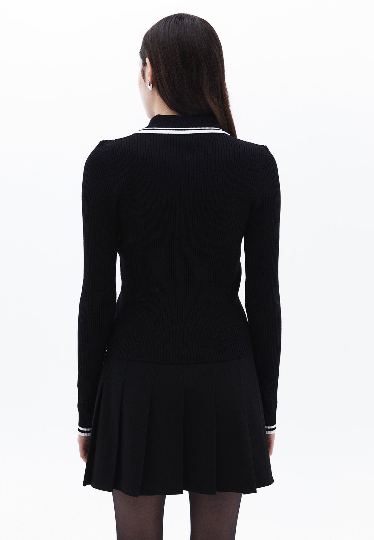Polo Collar Raglan Sleeve Long Sleeve Sweater - BLACK/ICE MILK