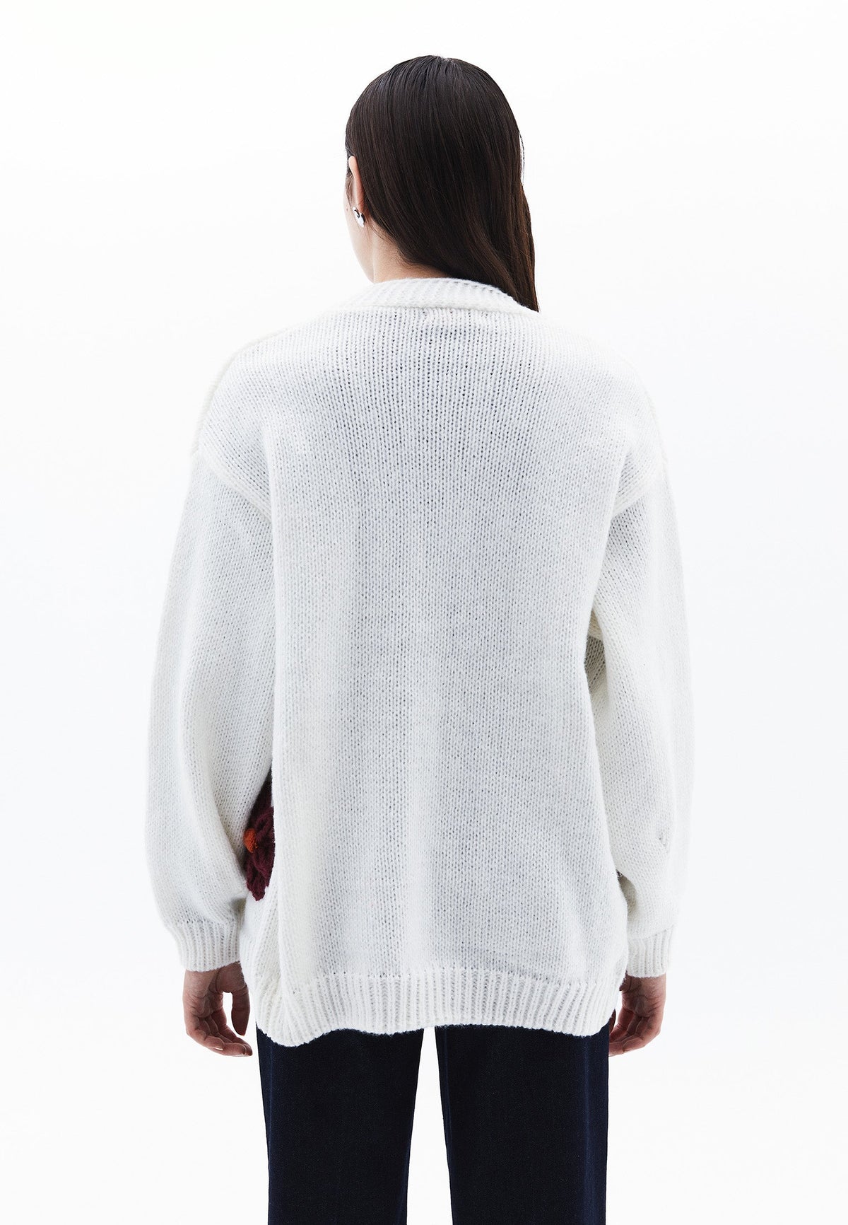V Neck Oversize Knit Detailed Cardigan - ICE MILK