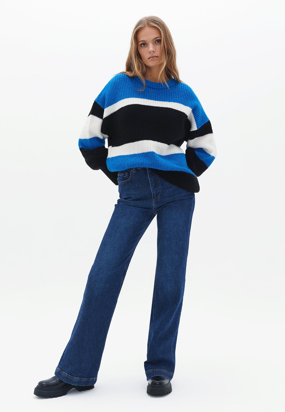 Striped Crew Neck Long Sleeve Sweater - INDIGO BUNTING MIX