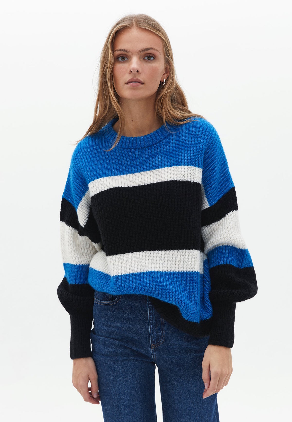 Striped Crew Neck Long Sleeve Sweater - INDIGO BUNTING MIX