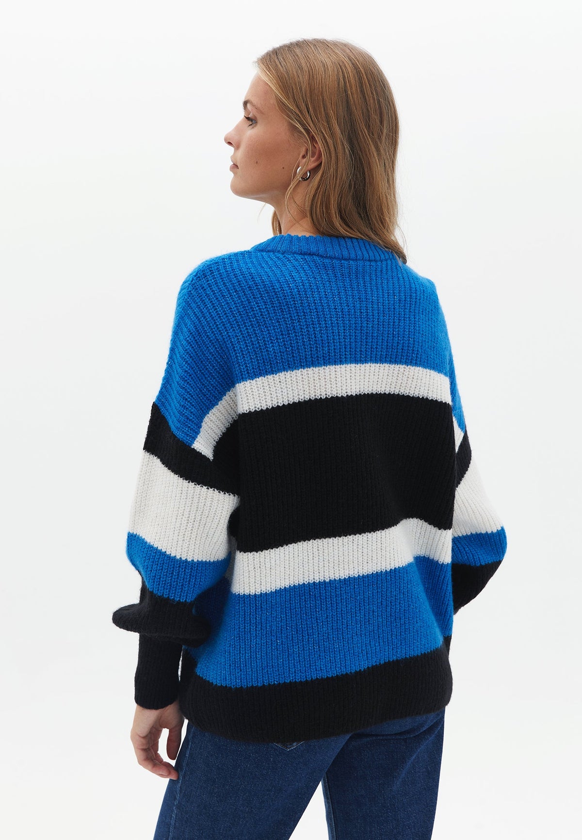 Striped Crew Neck Long Sleeve Sweater - INDIGO BUNTING MIX