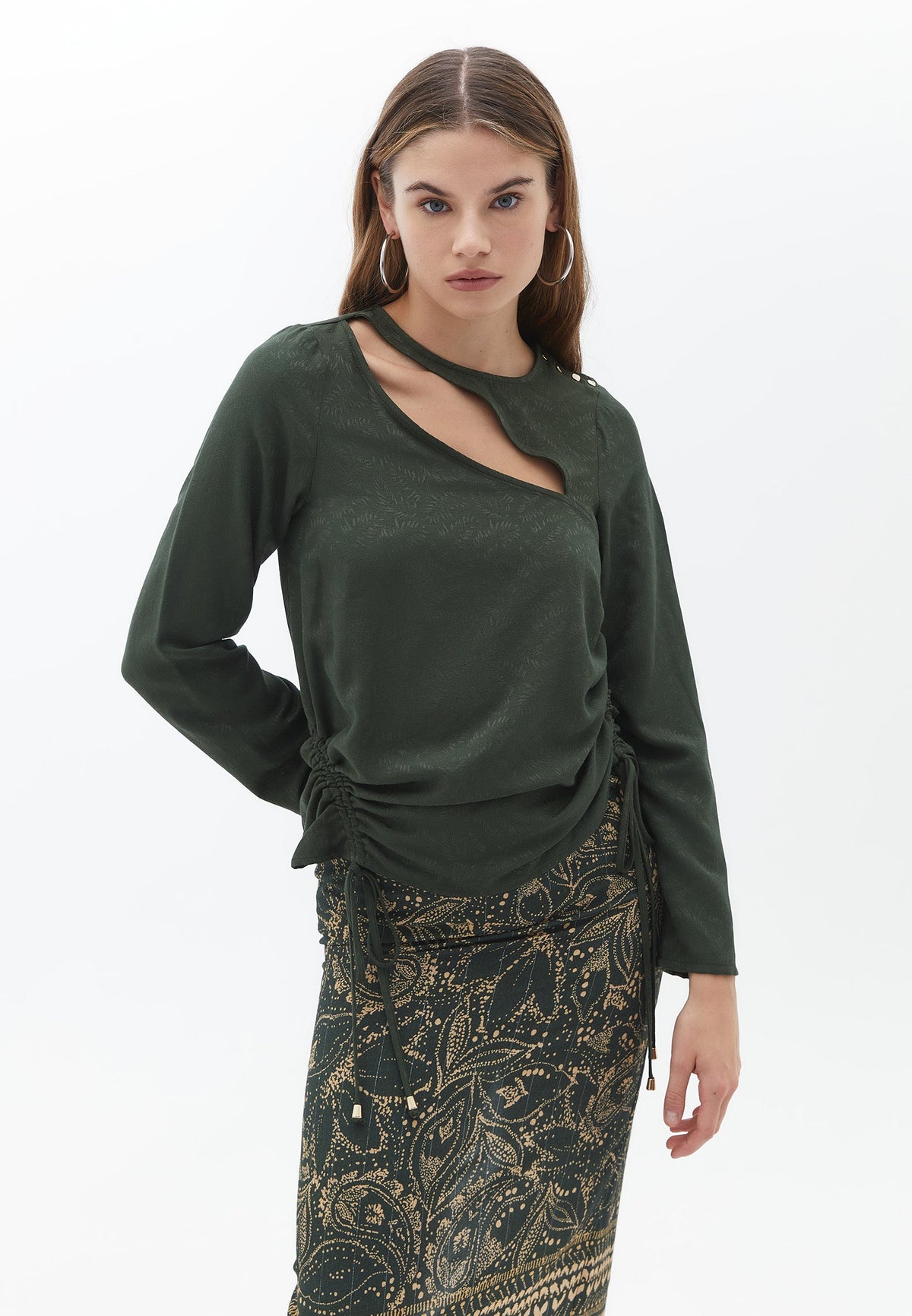 Long Sleeve Blouse With Cutout Detail - KOMBU GREEN
