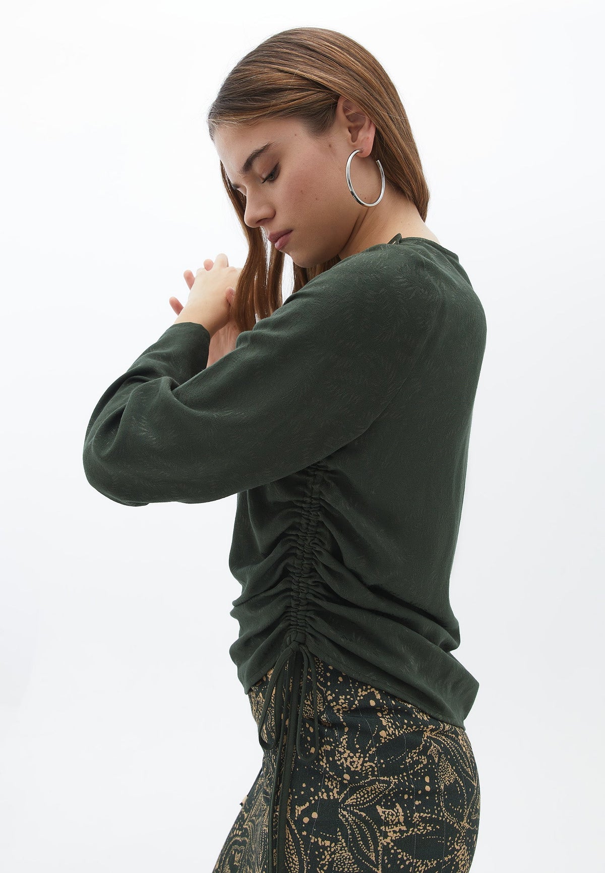 Long Sleeve Blouse With Cutout Detail - KOMBU GREEN