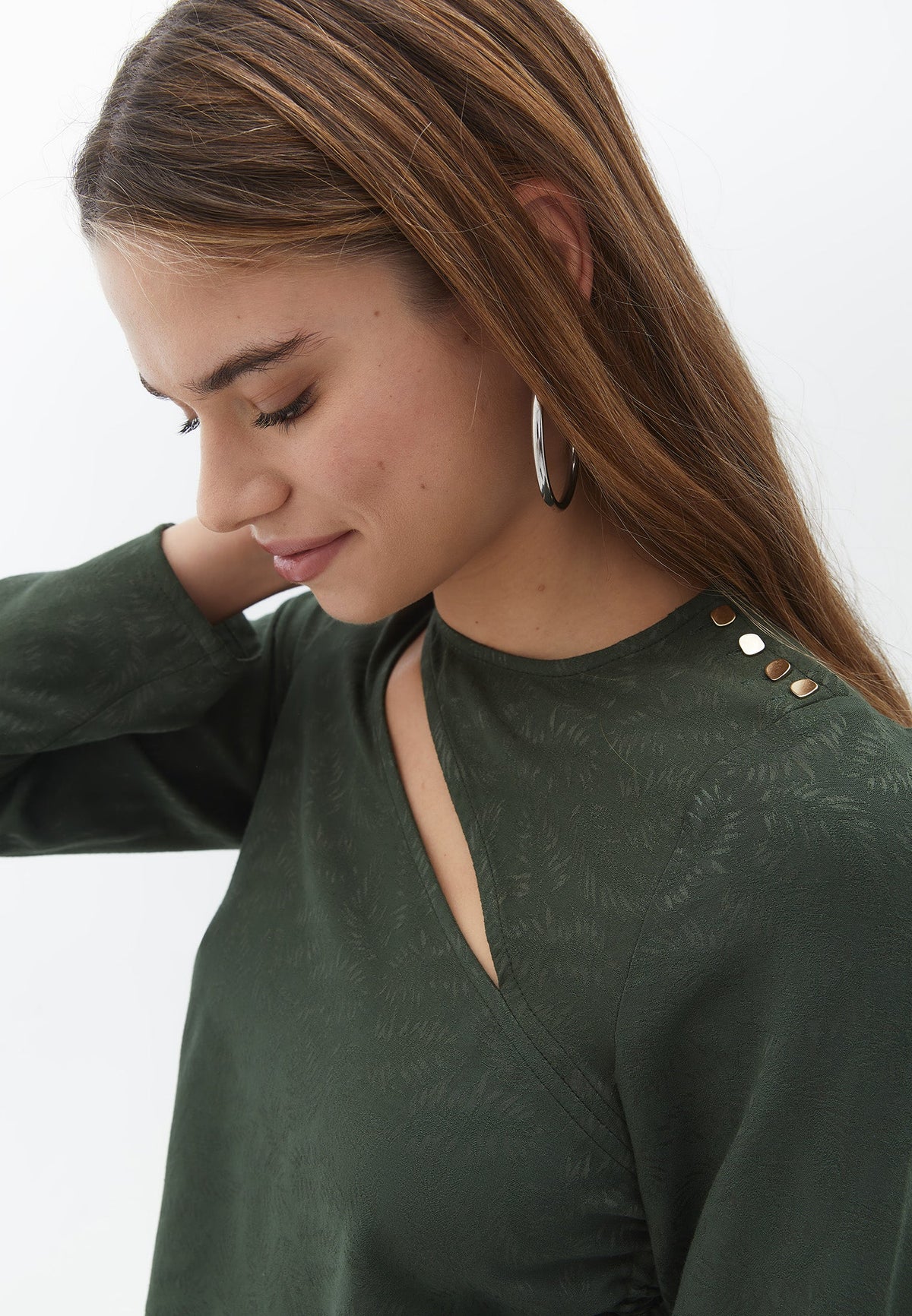 Long Sleeve Blouse With Cutout Detail - KOMBU GREEN