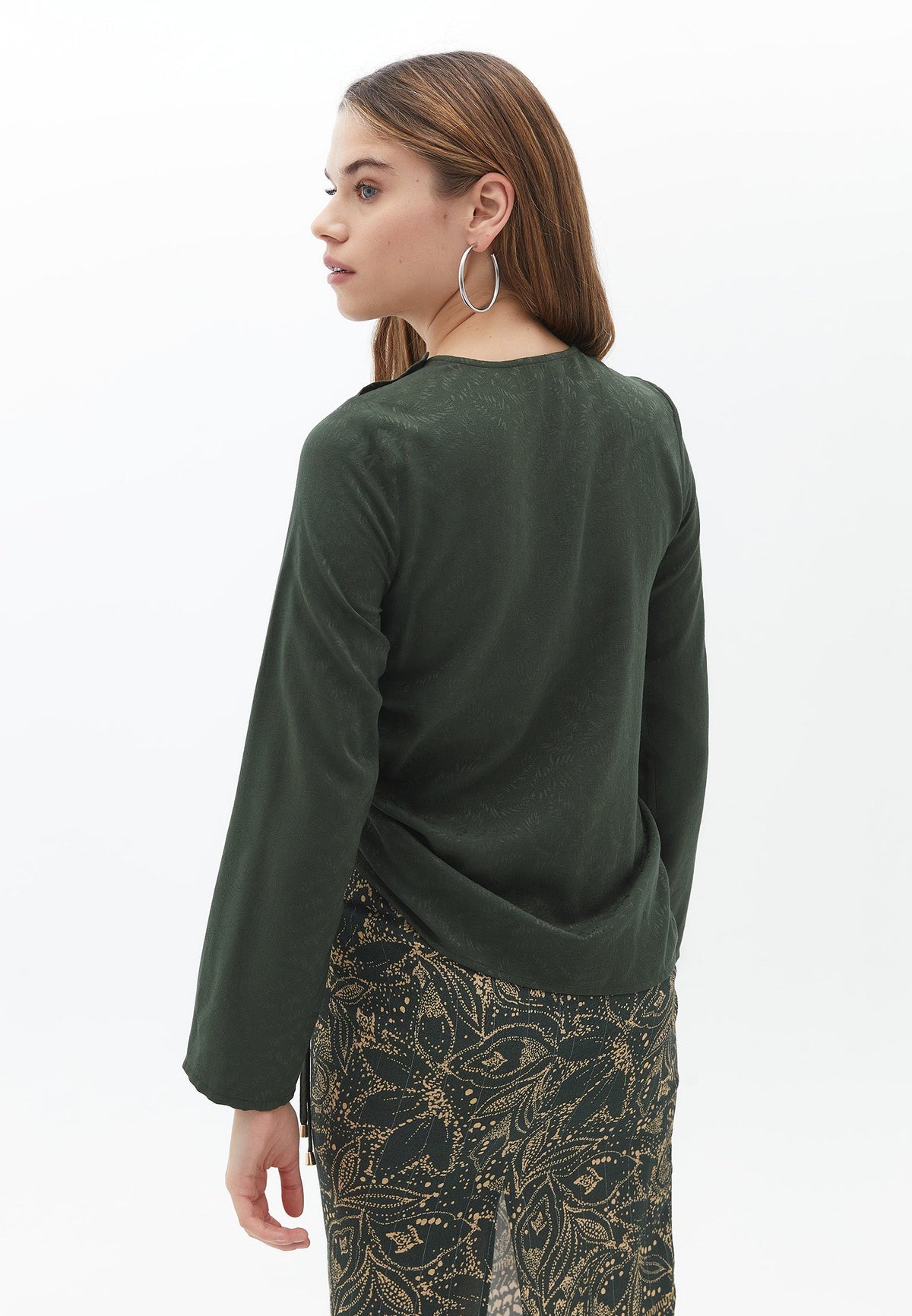 Long Sleeve Blouse With Cutout Detail - KOMBU GREEN