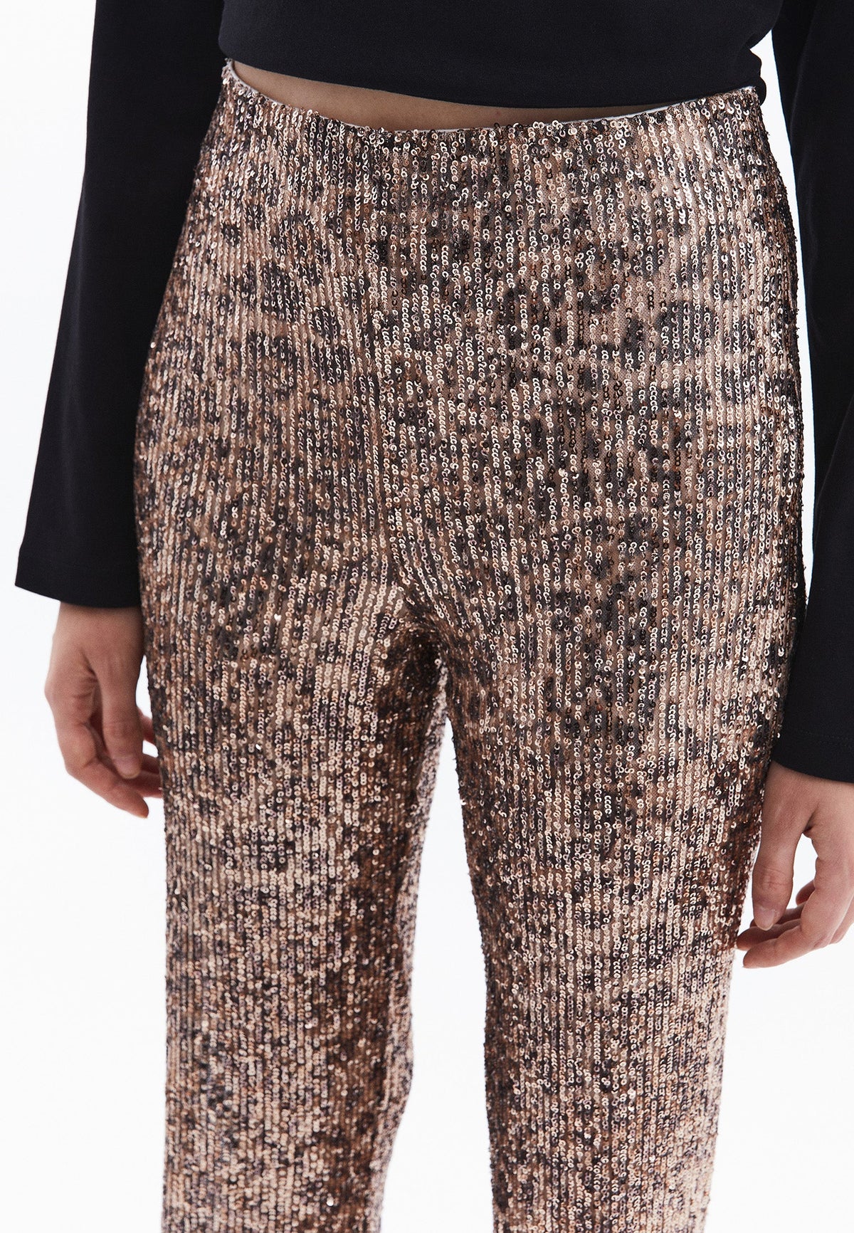 High Waist Flared Sequin Pants - LEO COMB